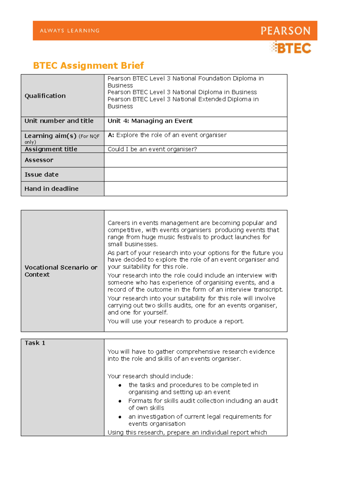 Authorised Assignment Brief For Learning Aim A - Unit 4 Managing An ...