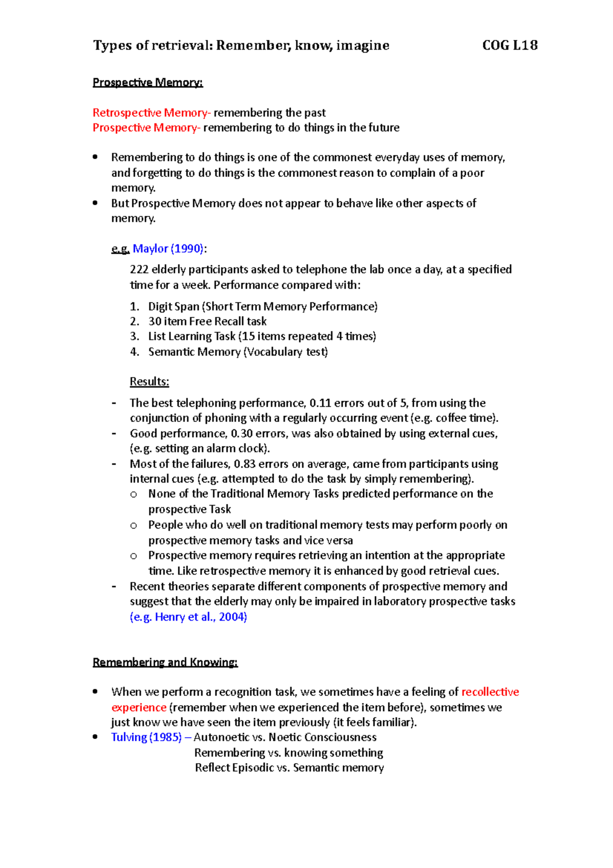 COG L18 Lecture notes 8 - Prospective Memory: Retrospective Memory ...
