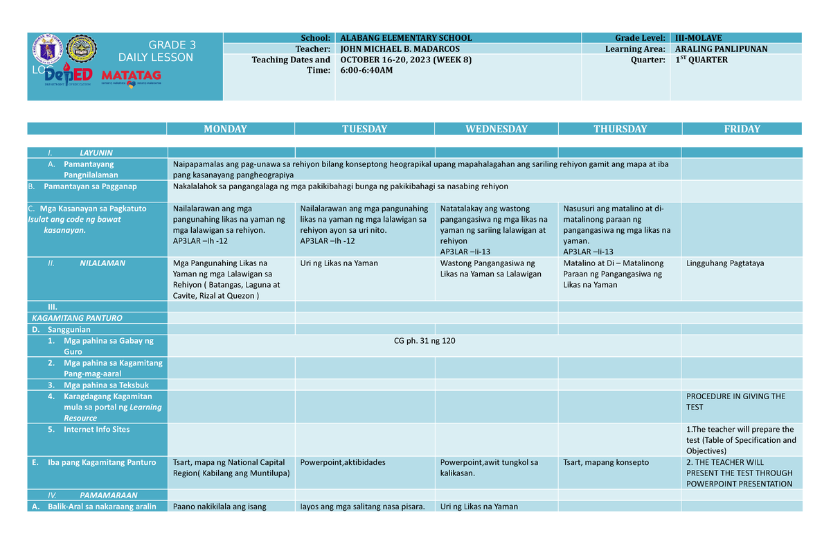 JM MadarcosDLL Grade 3 Quarter 1 WEEK 8 GRADE 3 DAILY LESSON LOG
