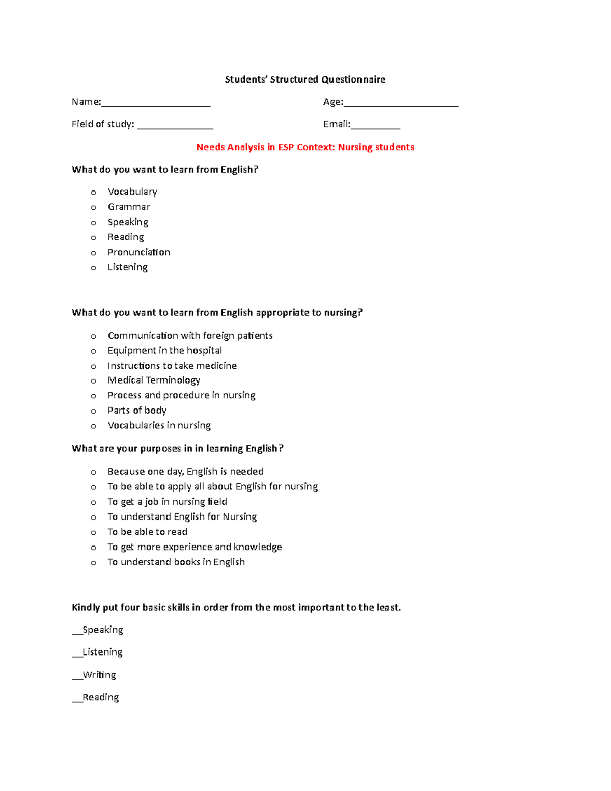 Life Insurance Needs Analysis Questionnaire