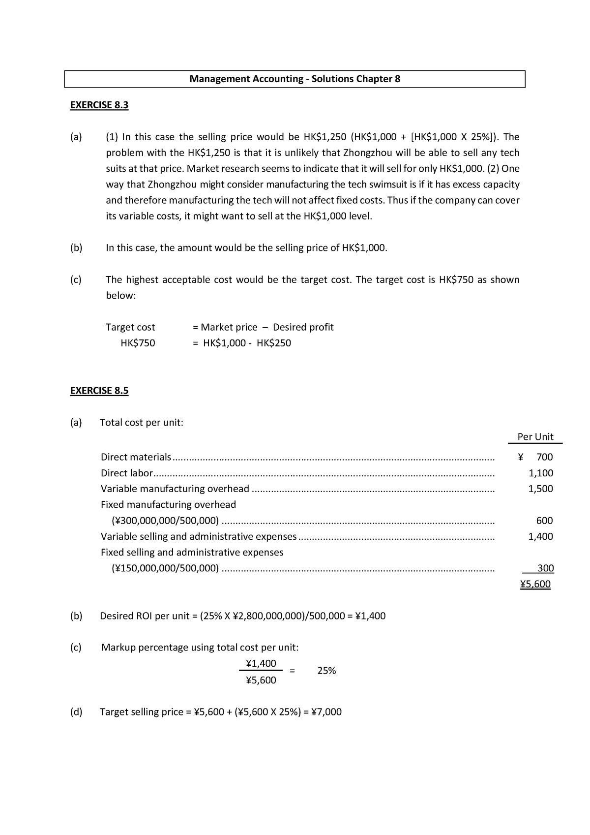 Solutions Exercises Chapter 8 - Management Accounting - Solutions ...