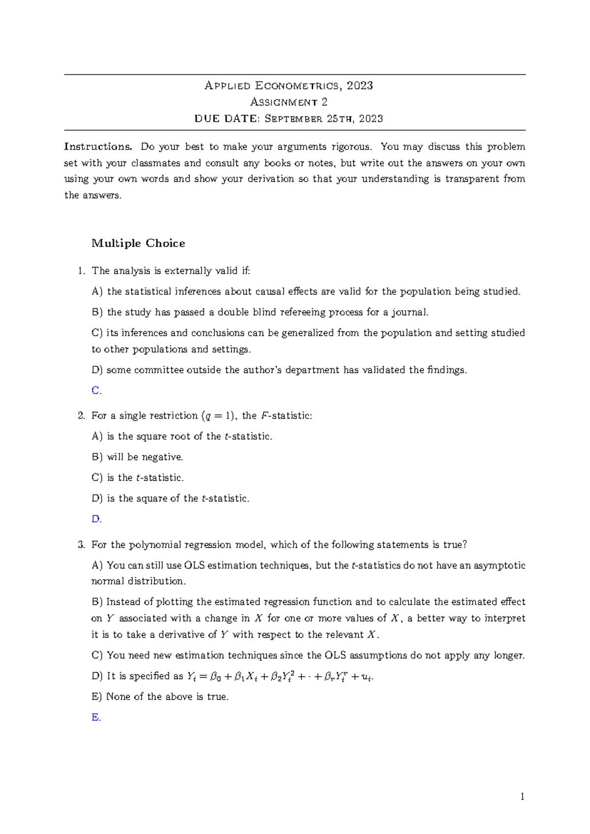 Assignment 2 2023 - solution - Applied Econometrics, 2023 Assignment 2 ...