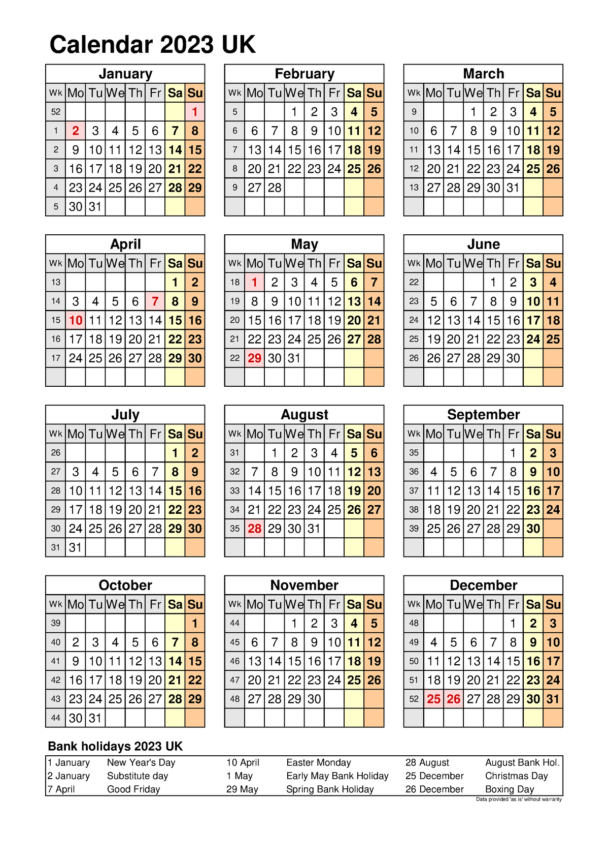 3. 2023 Calendar - hhh - Calendar 2023 UK Wk Mo Tu We Th Fr Sa Su Wk Mo ...