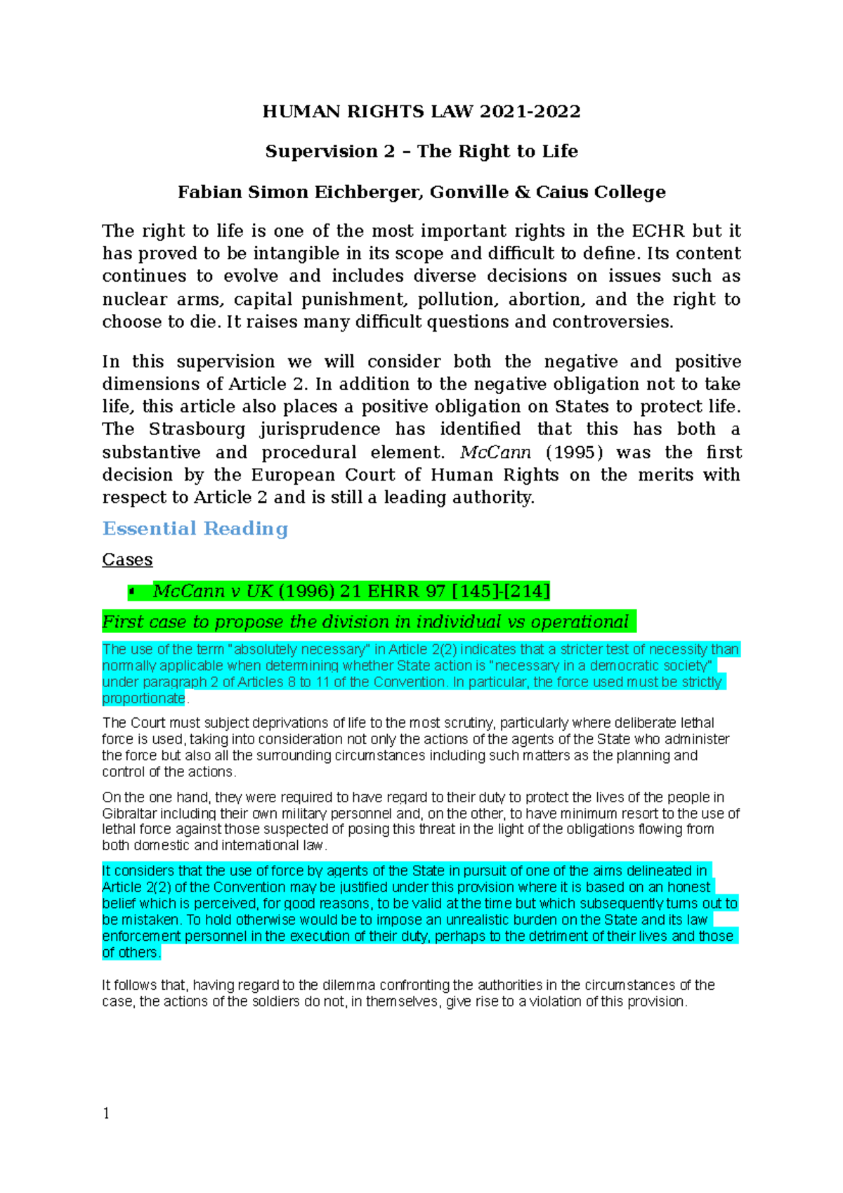 HRS2 Right to Life - case notes and reading - HUMAN RIGHTS LAW 2021 ...