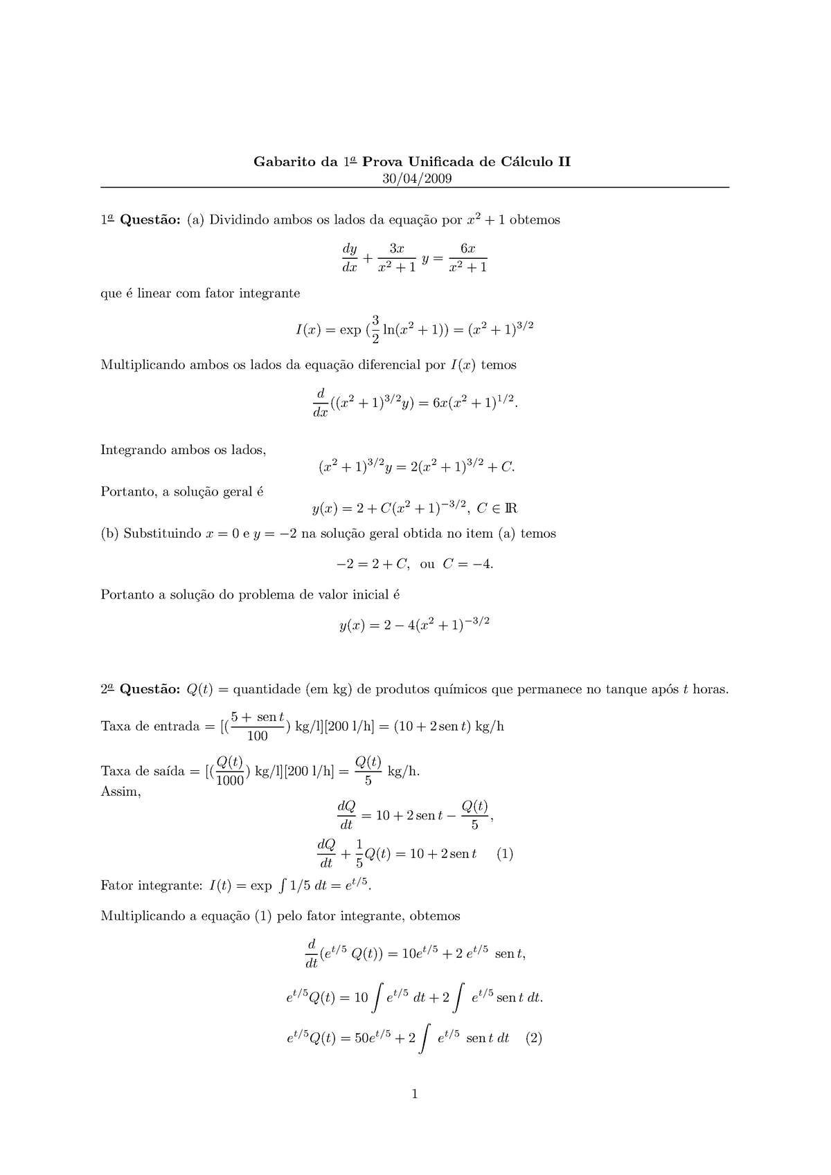 Gabarito E Prova De Cálculo Diferencial E Integral Ii Gabarito Da 1 Aprova Unificada De C 9874