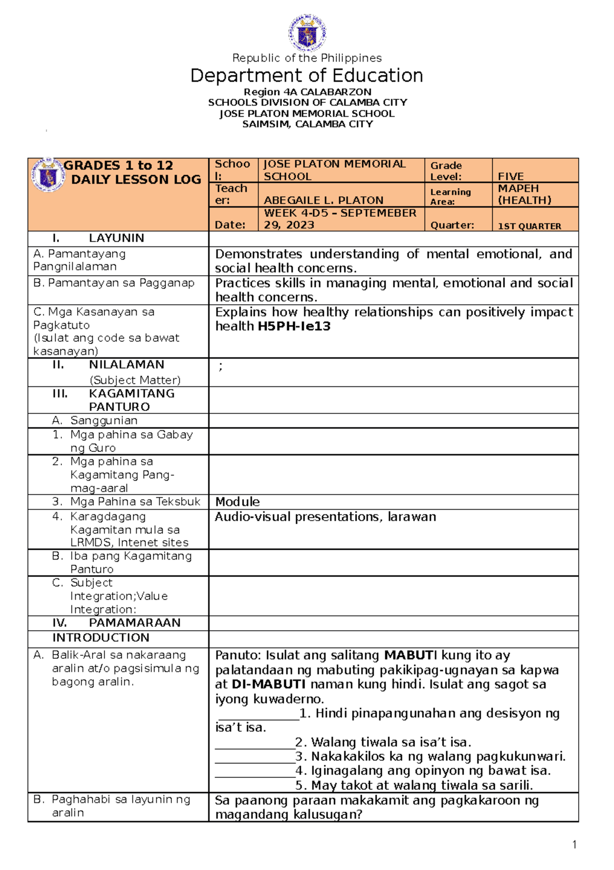 D5 - Health 5 - Daily Lesson Plan - Republic of the Philippines ...