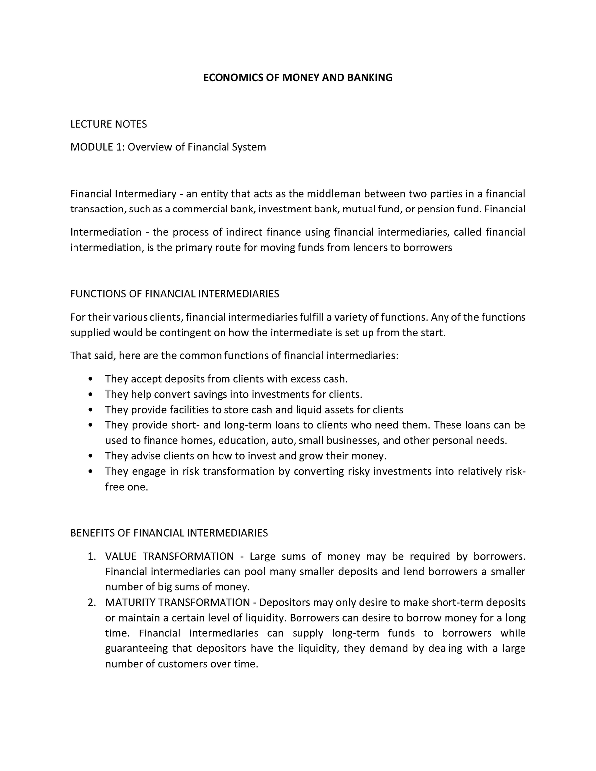 Financial Intermediary And Money - ECONOMICS OF MONEY AND BANKING ...