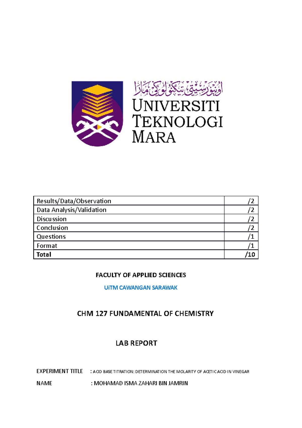 CHM 127 LAB Report Experiment 2 Results/Data/Observation / Data