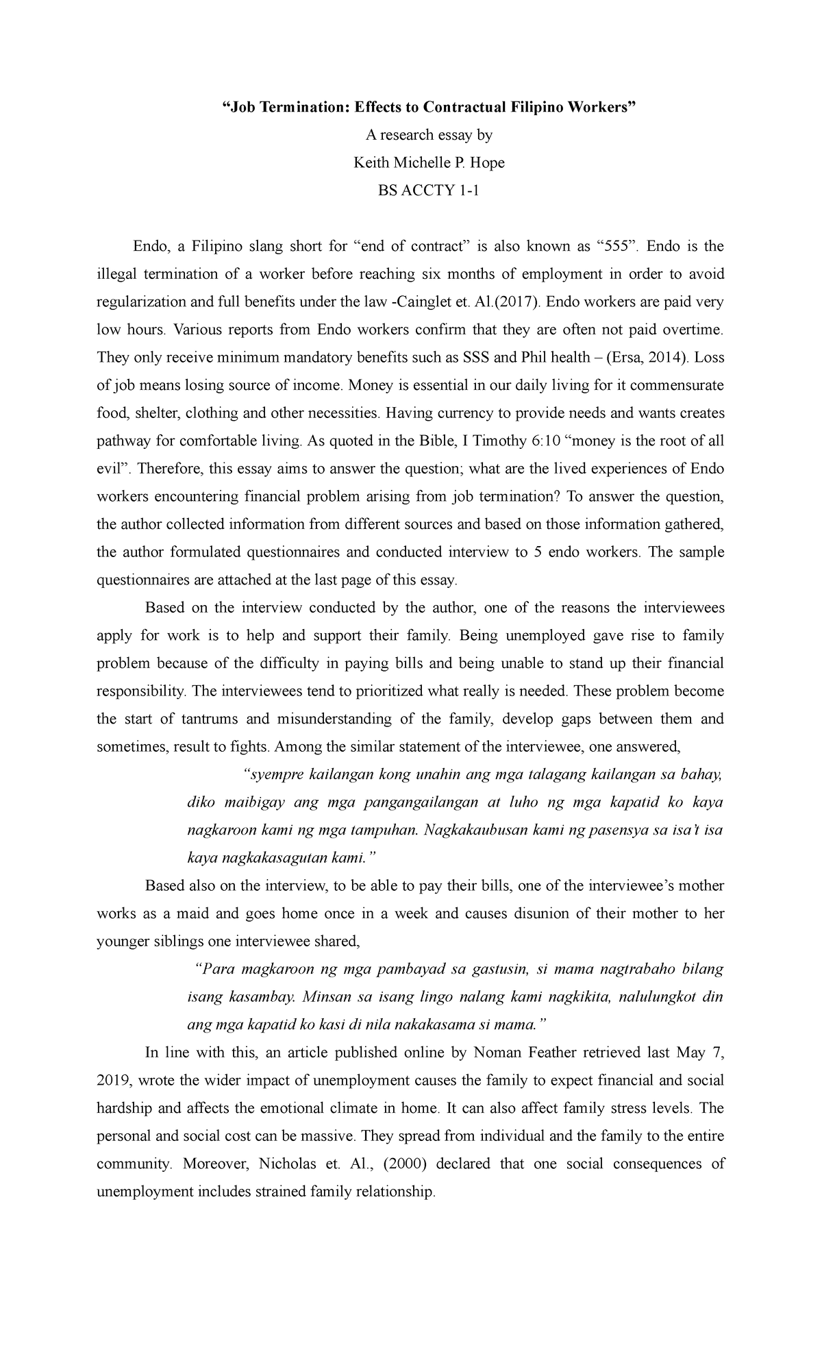 Endo Grade 80 “Job Termination Effects to Contractual Filipino Workers” A research essay