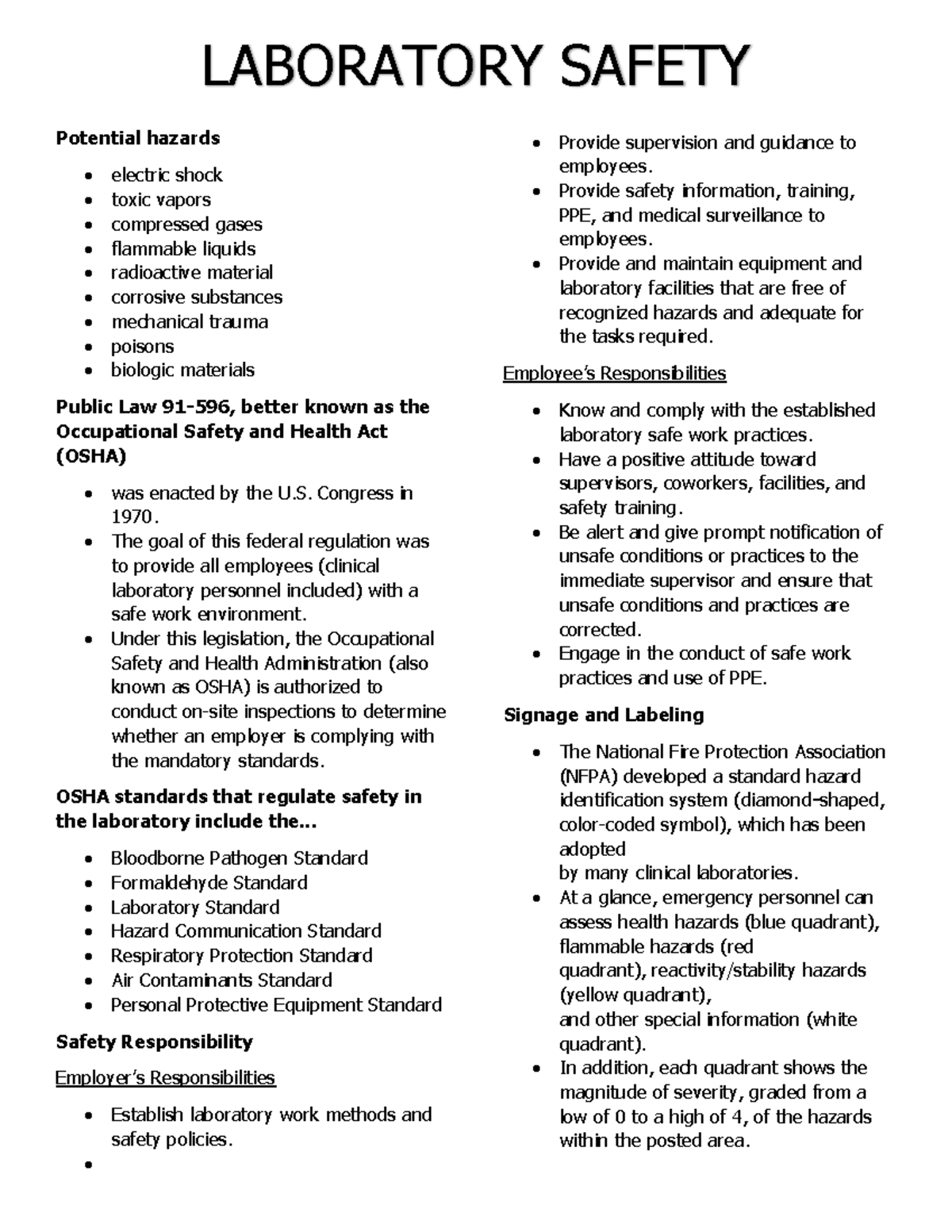 Week 2 Laboratory Safety - Potential hazards electric shock toxic ...