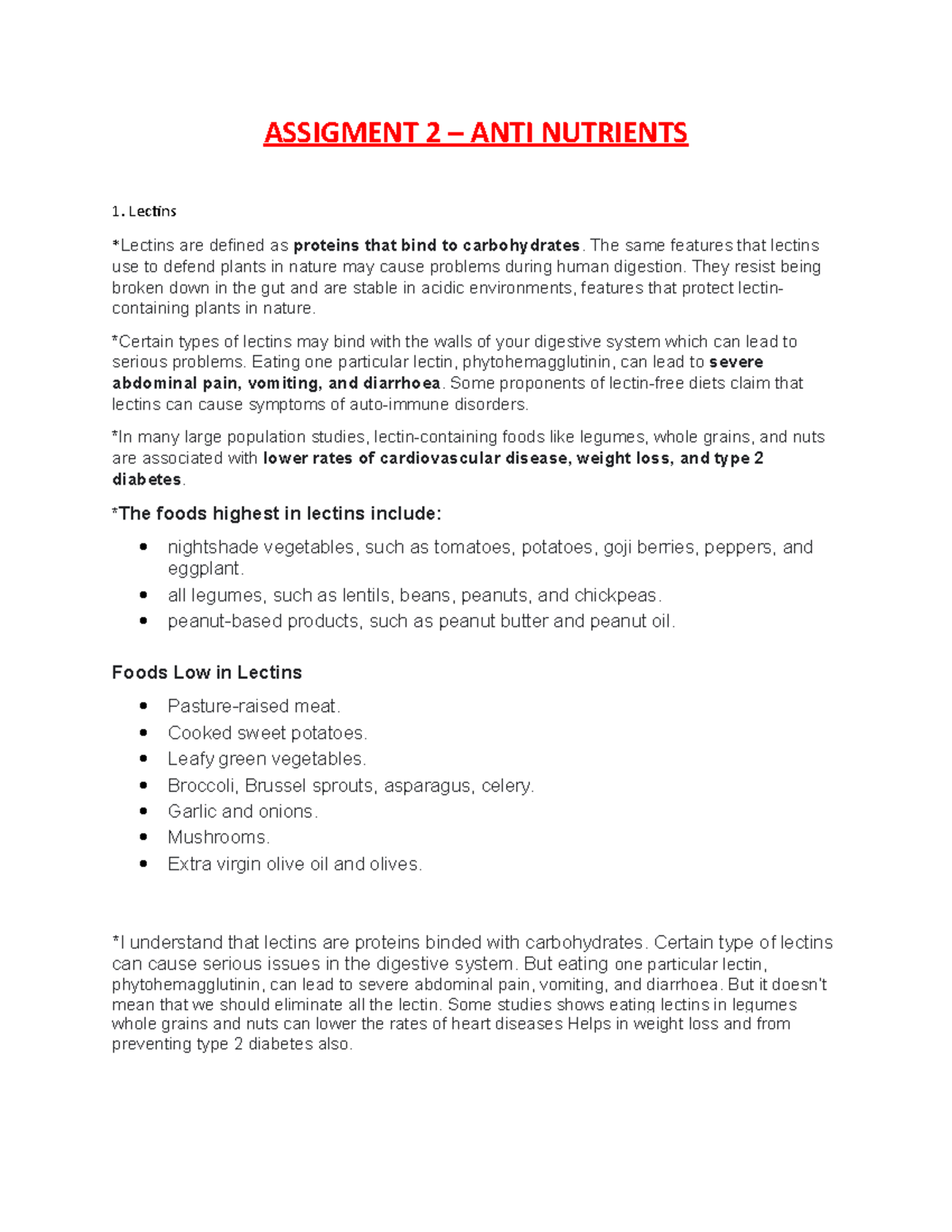 Assignment 2 anti nutrients - ASSIGMENT 2 – ANTI NUTRIENTS 1. Lectins ...