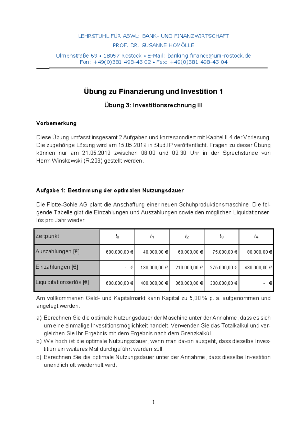 F&I1 Übung 3 Aufgabe - Finanzierung Und Investition (I) - 1 LEHRSTUHL ...