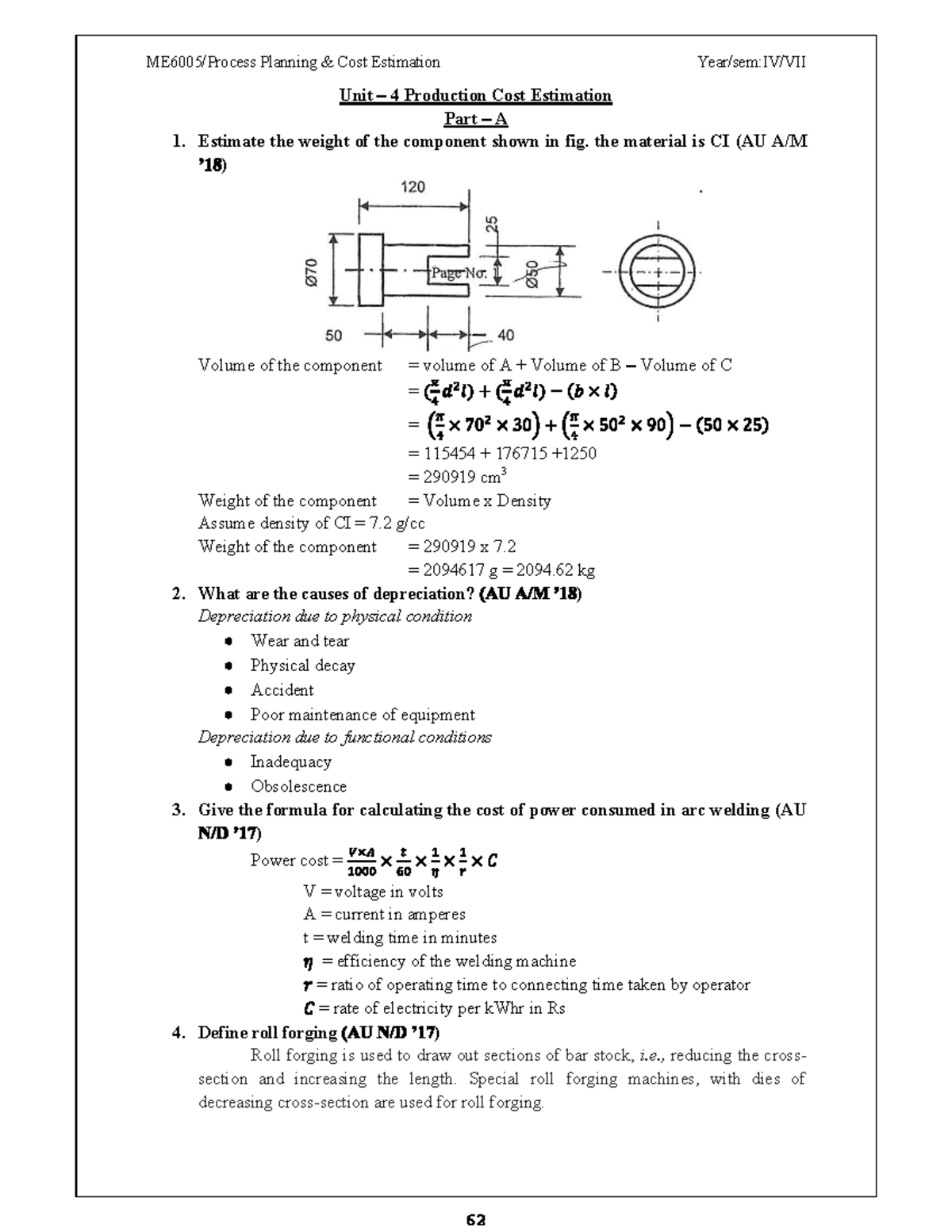 Estimation , Costing Unit 4 Production Cost Estimation Part A