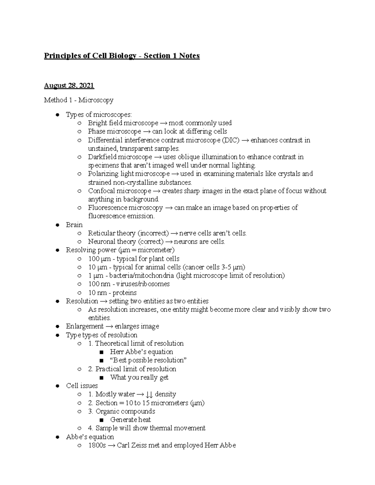 Bio 311 Section 1 Lecture Notes - Principles of Cell Biology - Section ...