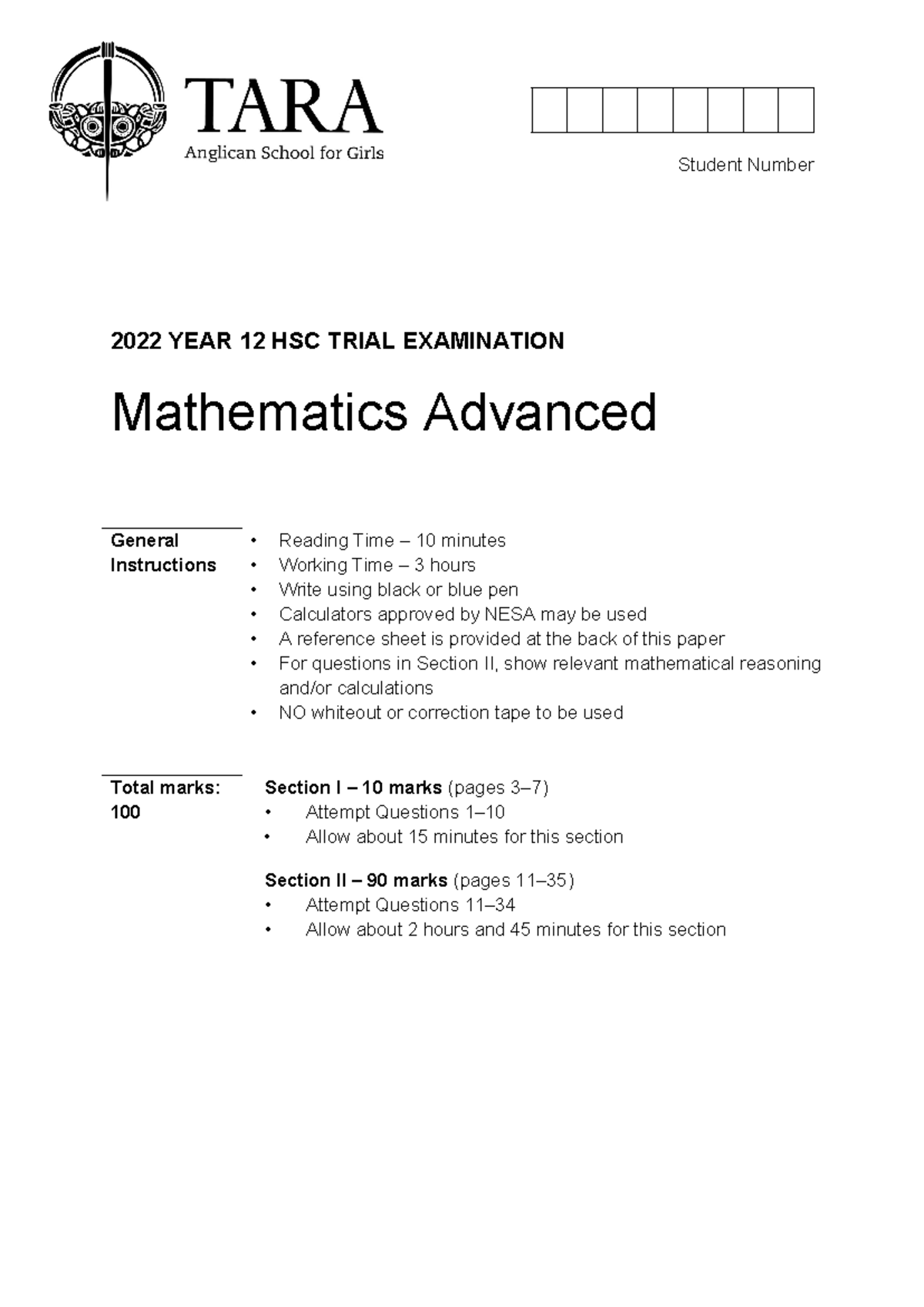 2022 y12 maths adv t4 task Trial Exam - Student Number 2022 YEAR 12 HSC ...