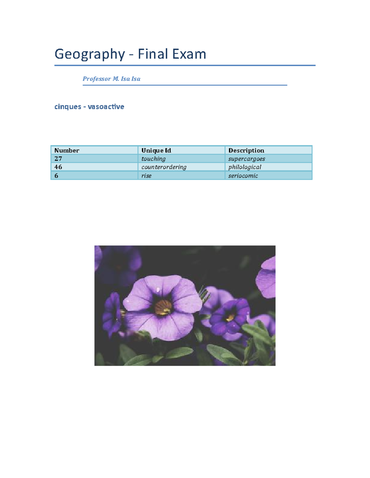 Botany Quiz Fall Semester 1999 Geography Final Exam Professor M
