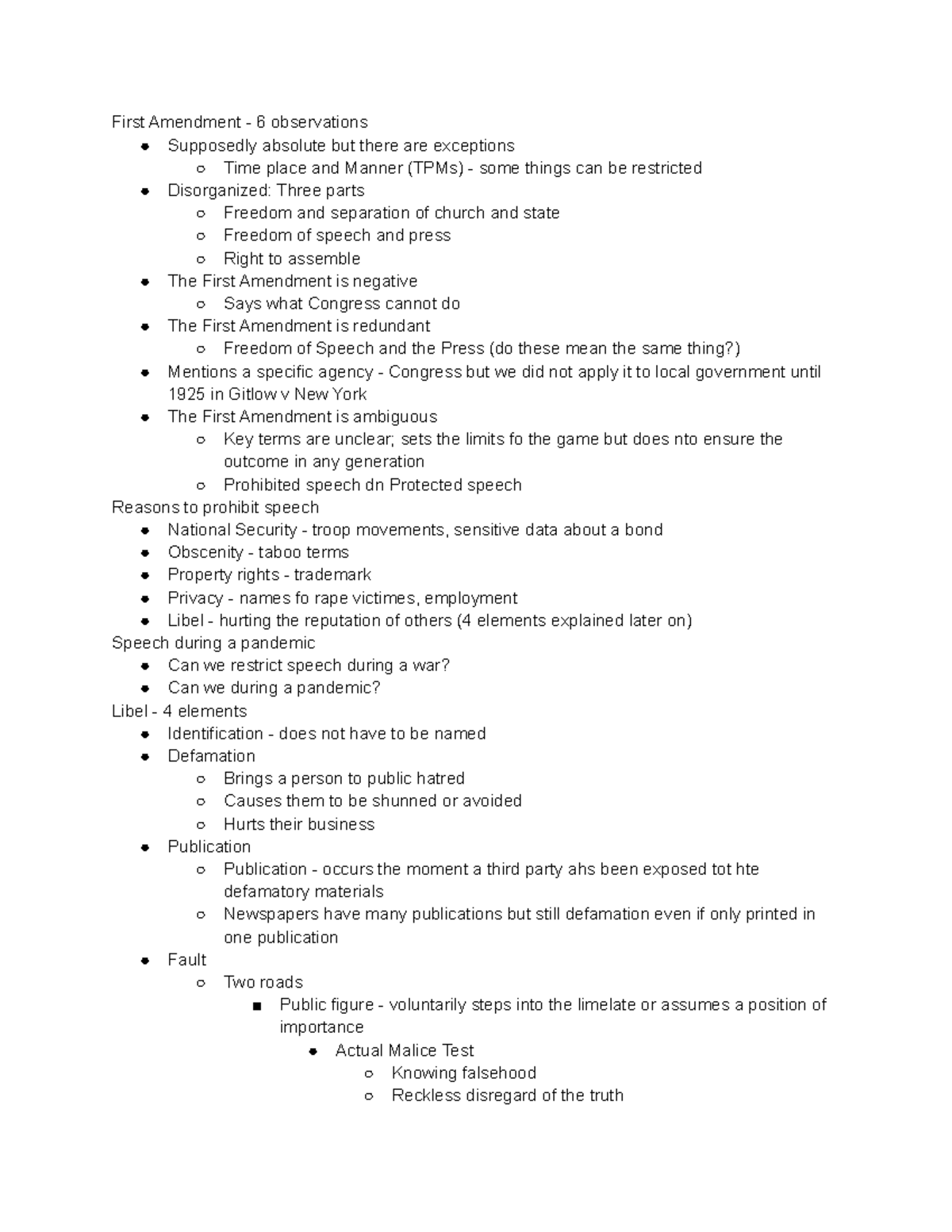 Lecture 20 Class Notes - First Amendment - 6 observations Supposedly ...