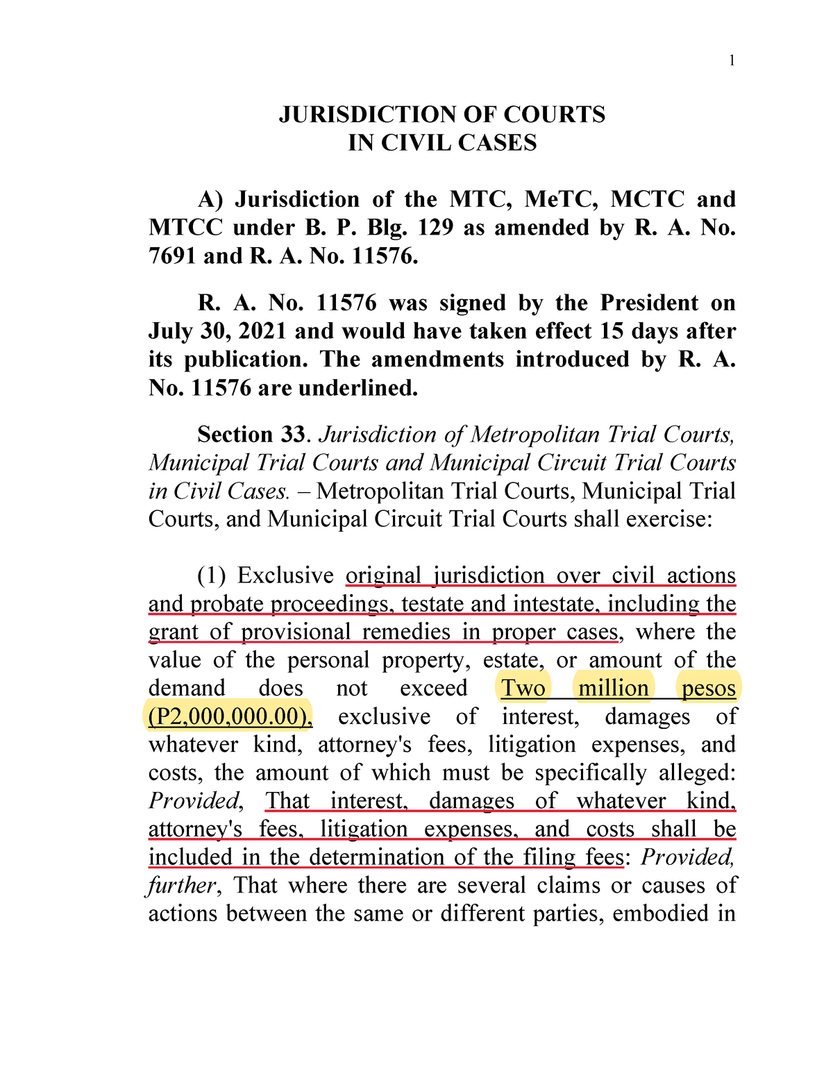 Jurisdiction In Civil Cases - JURISDICTION OF COURTS IN CIVIL CASES A ...