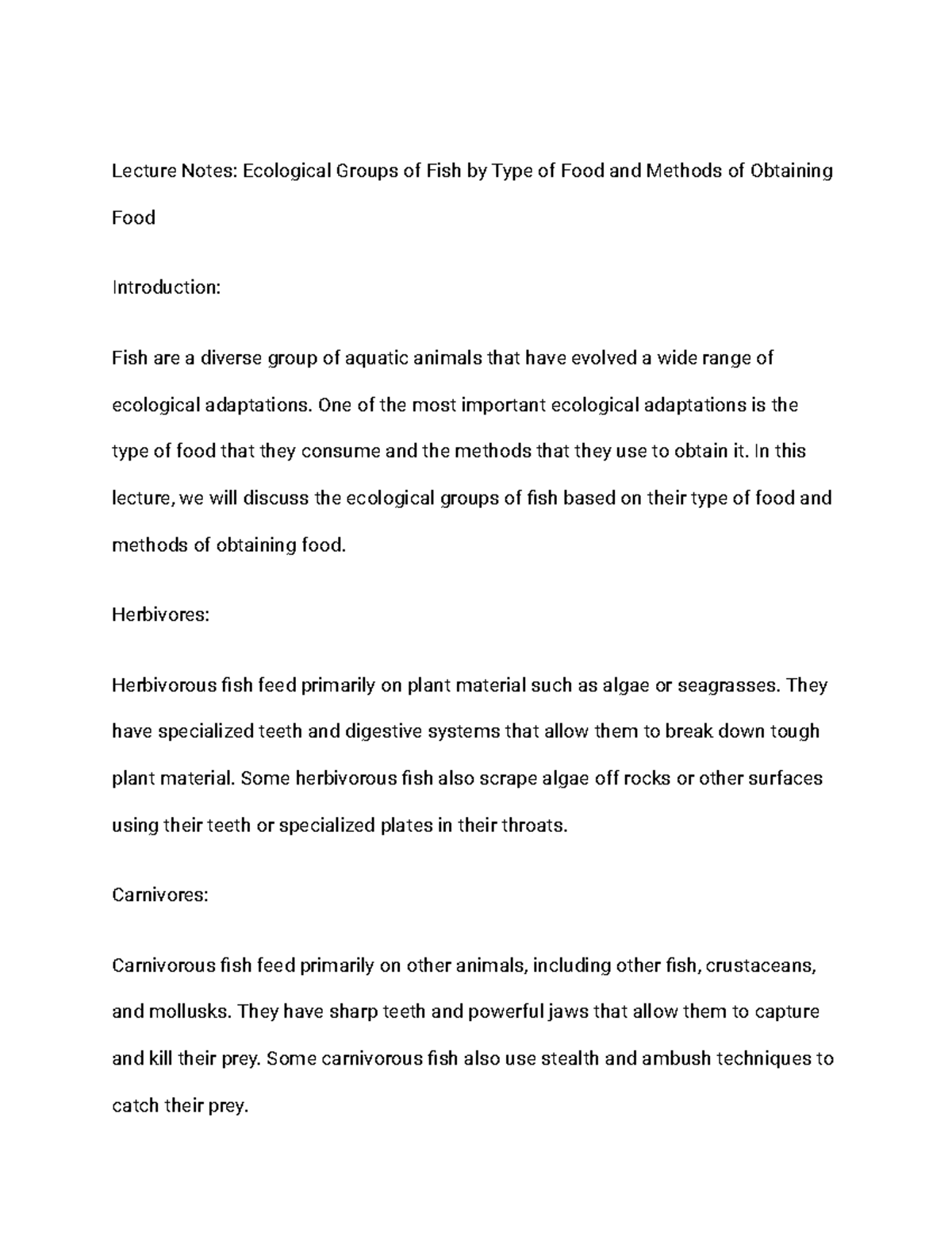 Lecture Notes Ecological Groups of Fish by Type of Food and Methods of ...