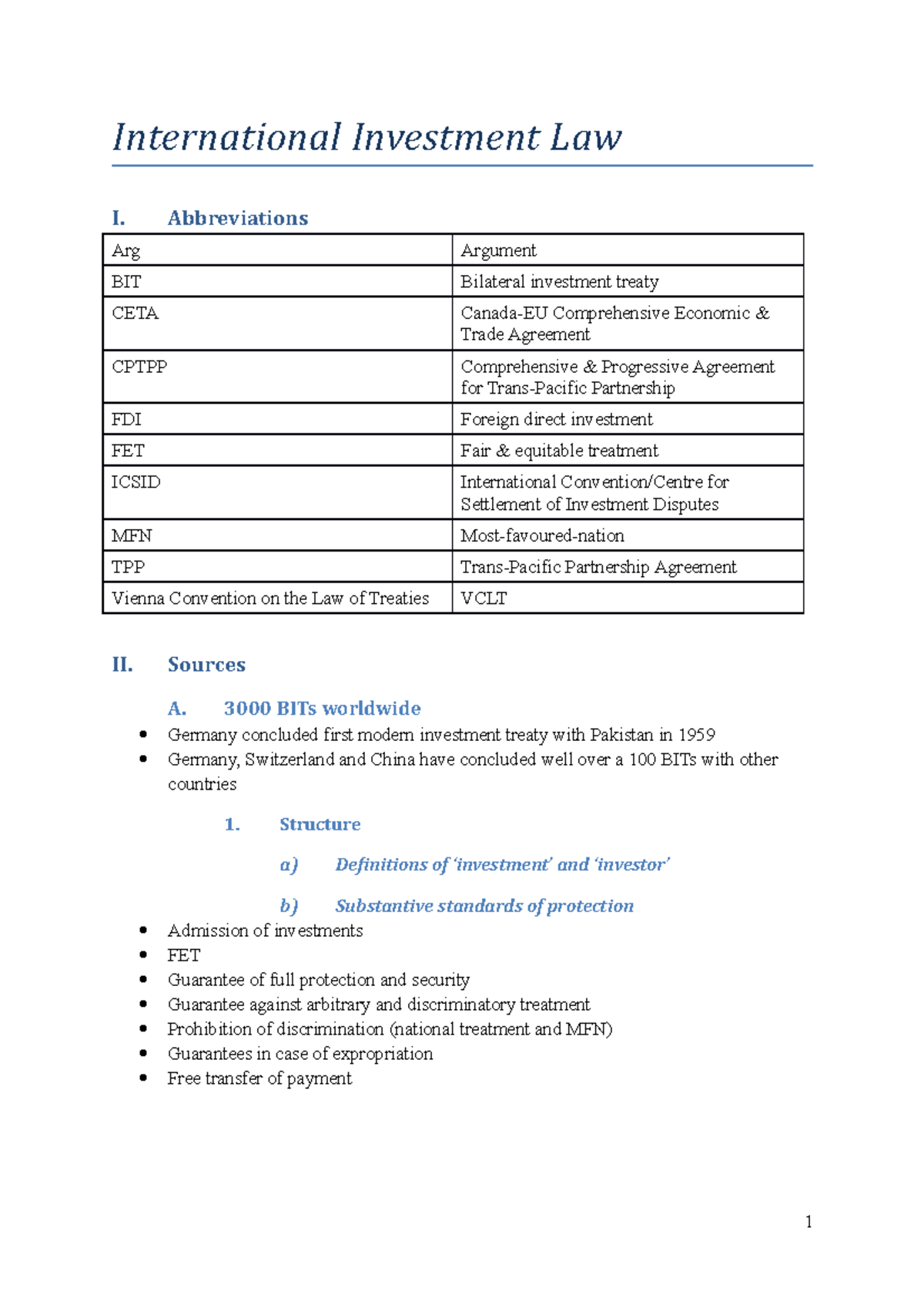 Handout Investment Law 1 - International Investment Law I ...