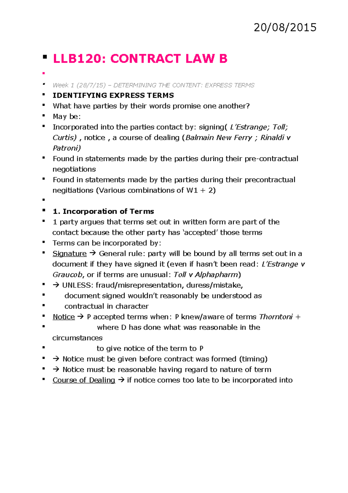 Contracts B - 20/08/ LLB120: CONTRACT LAW B Week 1 (28/7/15 ...