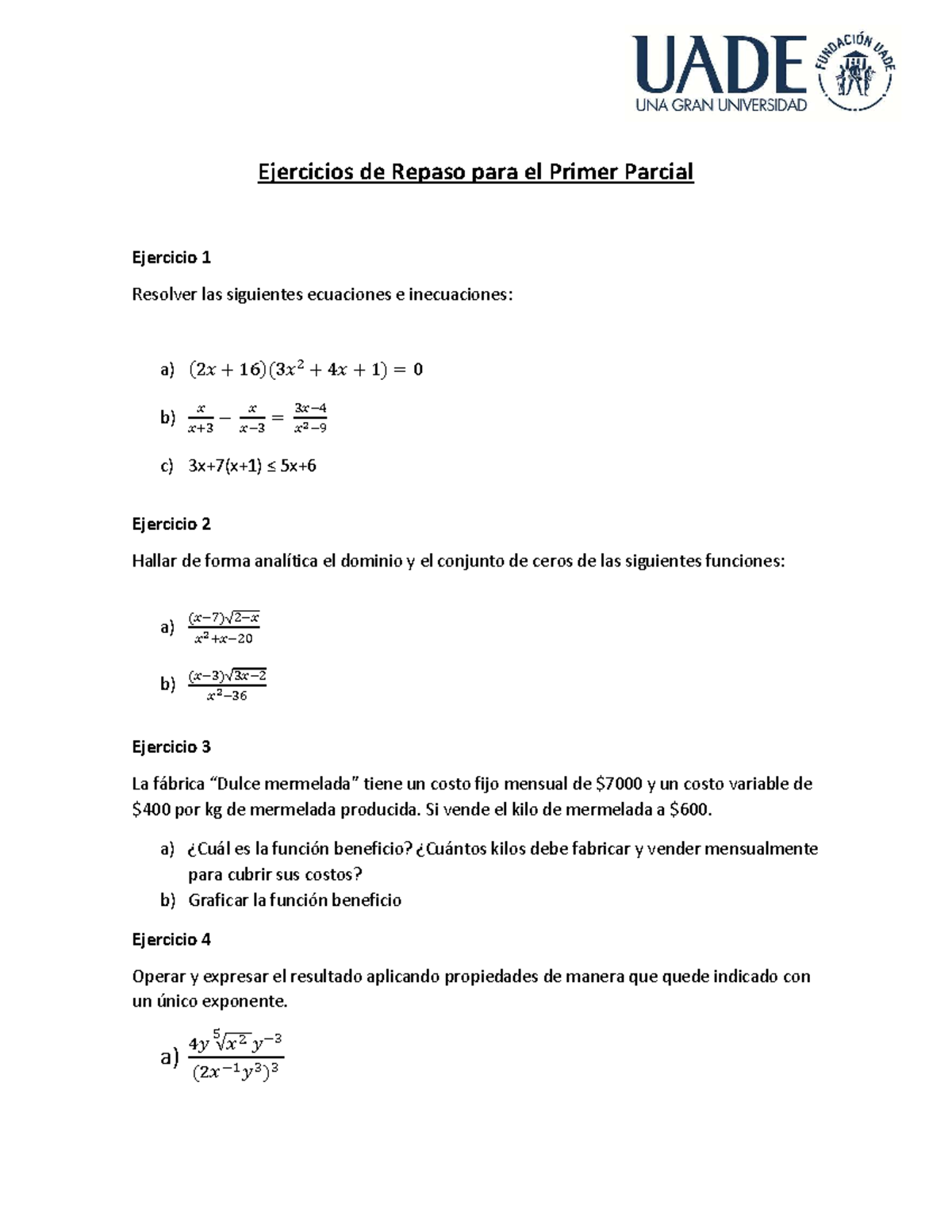 Repaso Primer parcial - Ejercicios de Repaso para el Primer Parcial ...