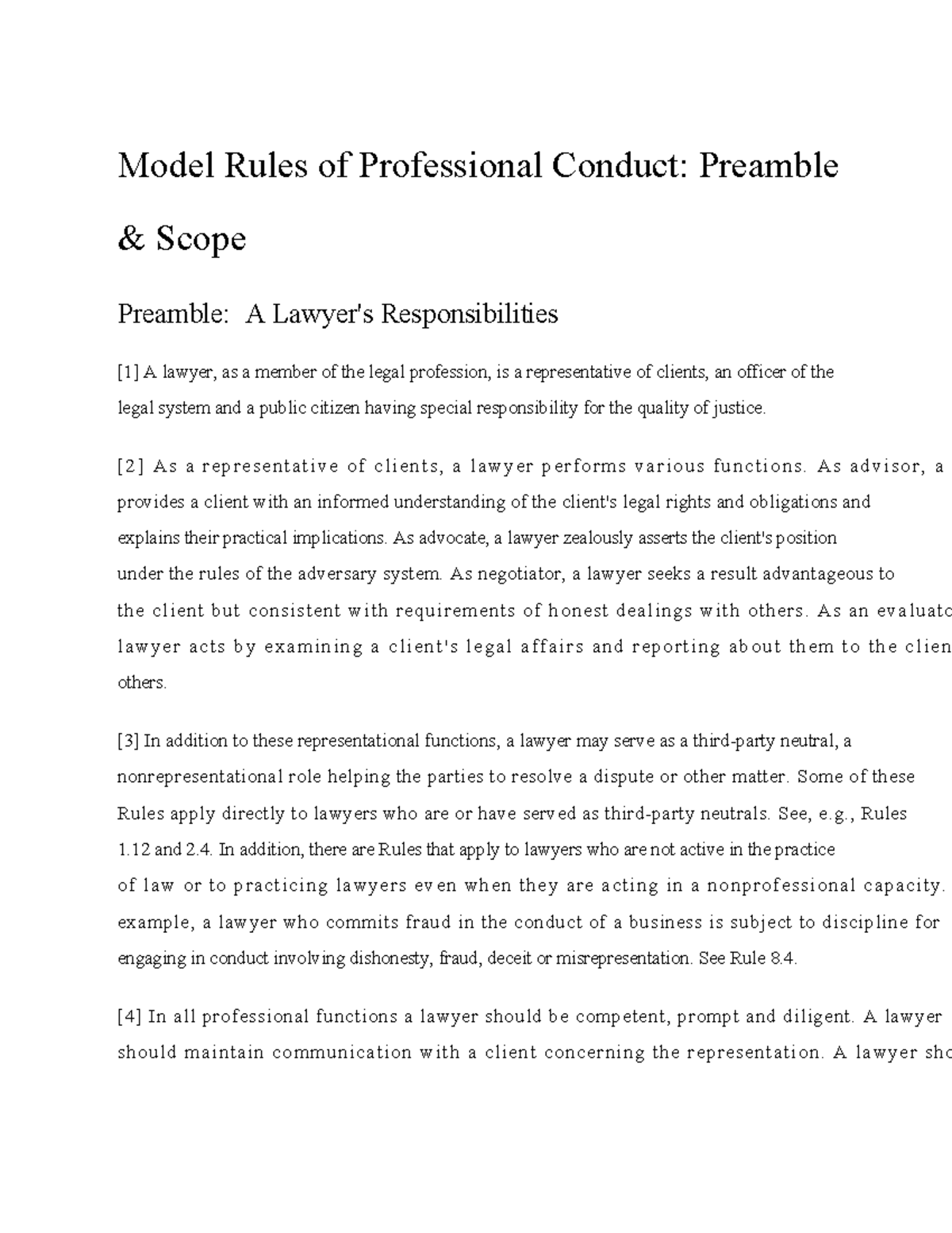 Preamble & Scope Model Rules of Professional Conduct Model Rules of