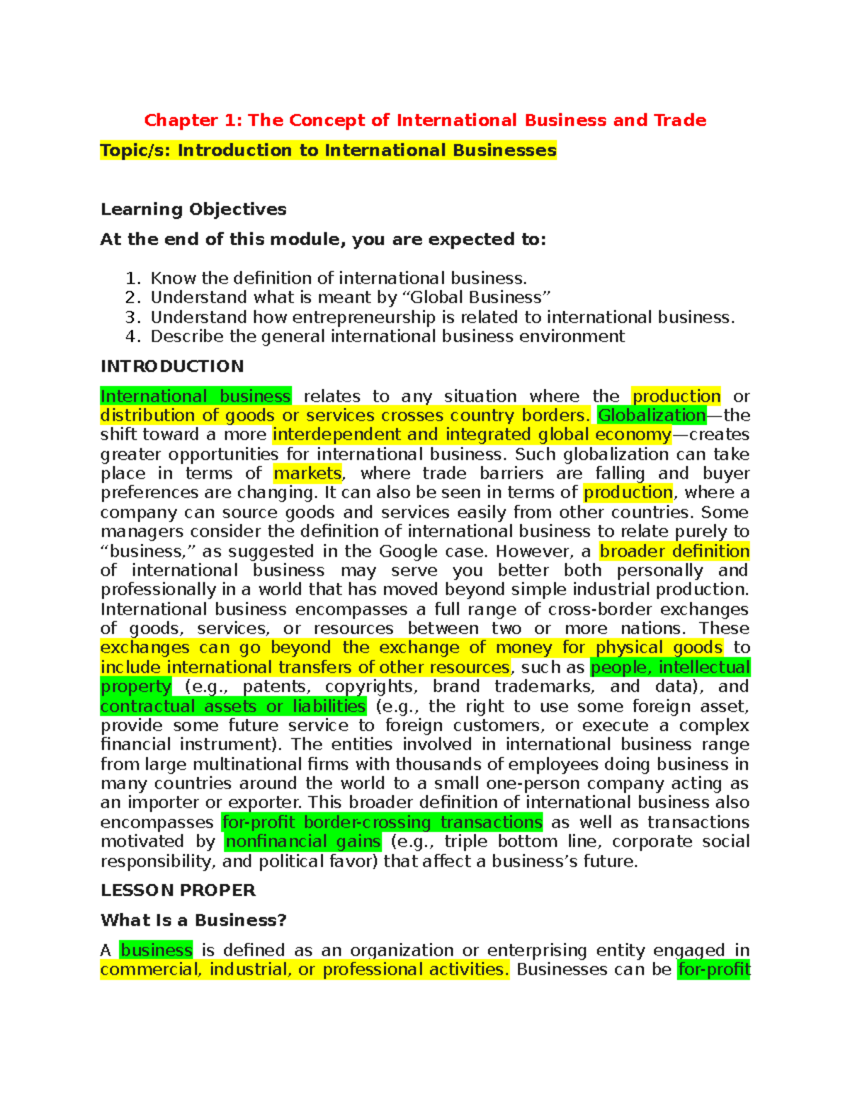 1 - intro to ibat - ibt - Chapter 1: The Concept of International ...