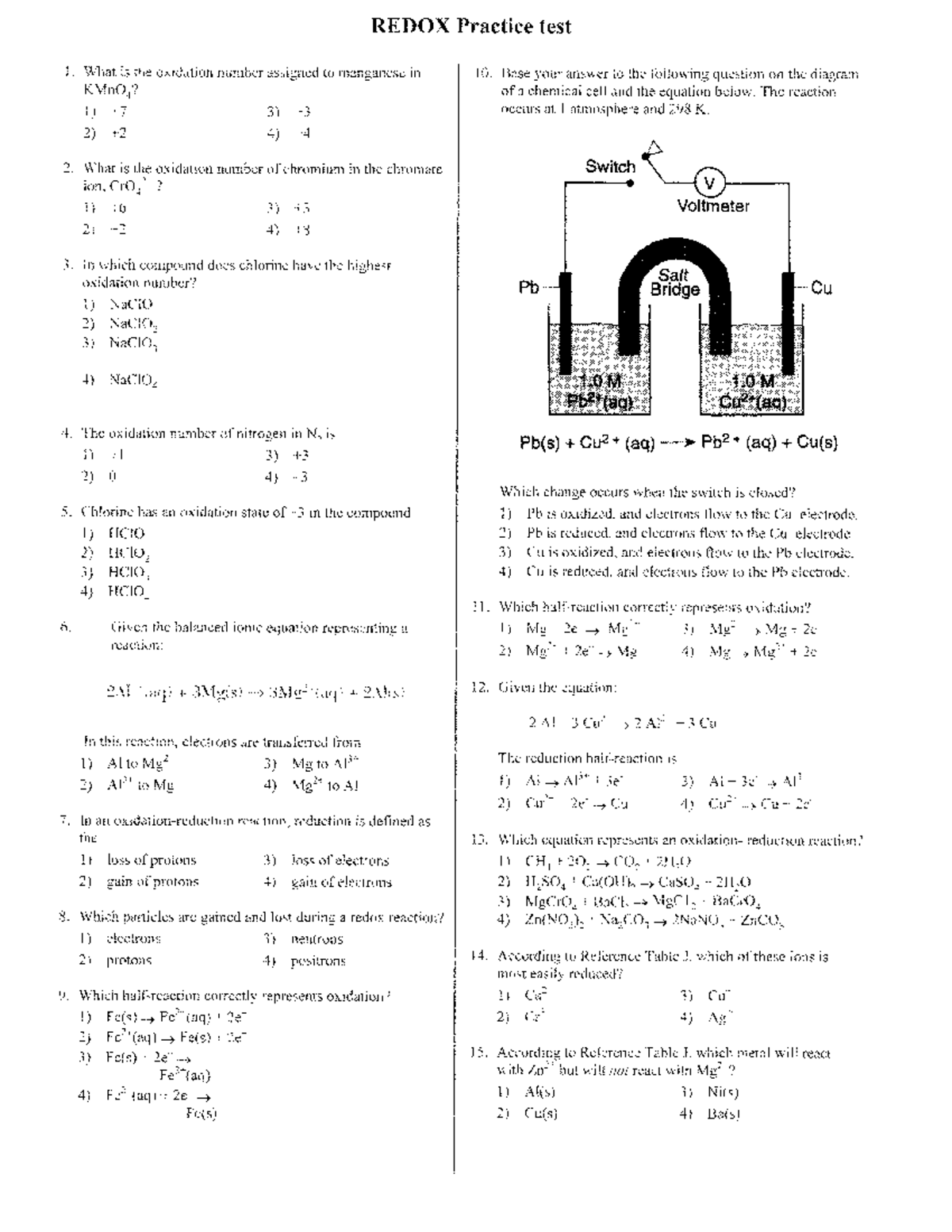 Redox practice test - Medicinal Chemistry - Studocu