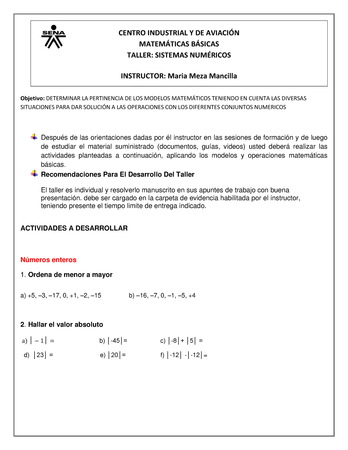 Taller 1 - Conjuntos Numéricos - CENTRO INDUSTRIAL Y DE AVIACI”N MATEM ...