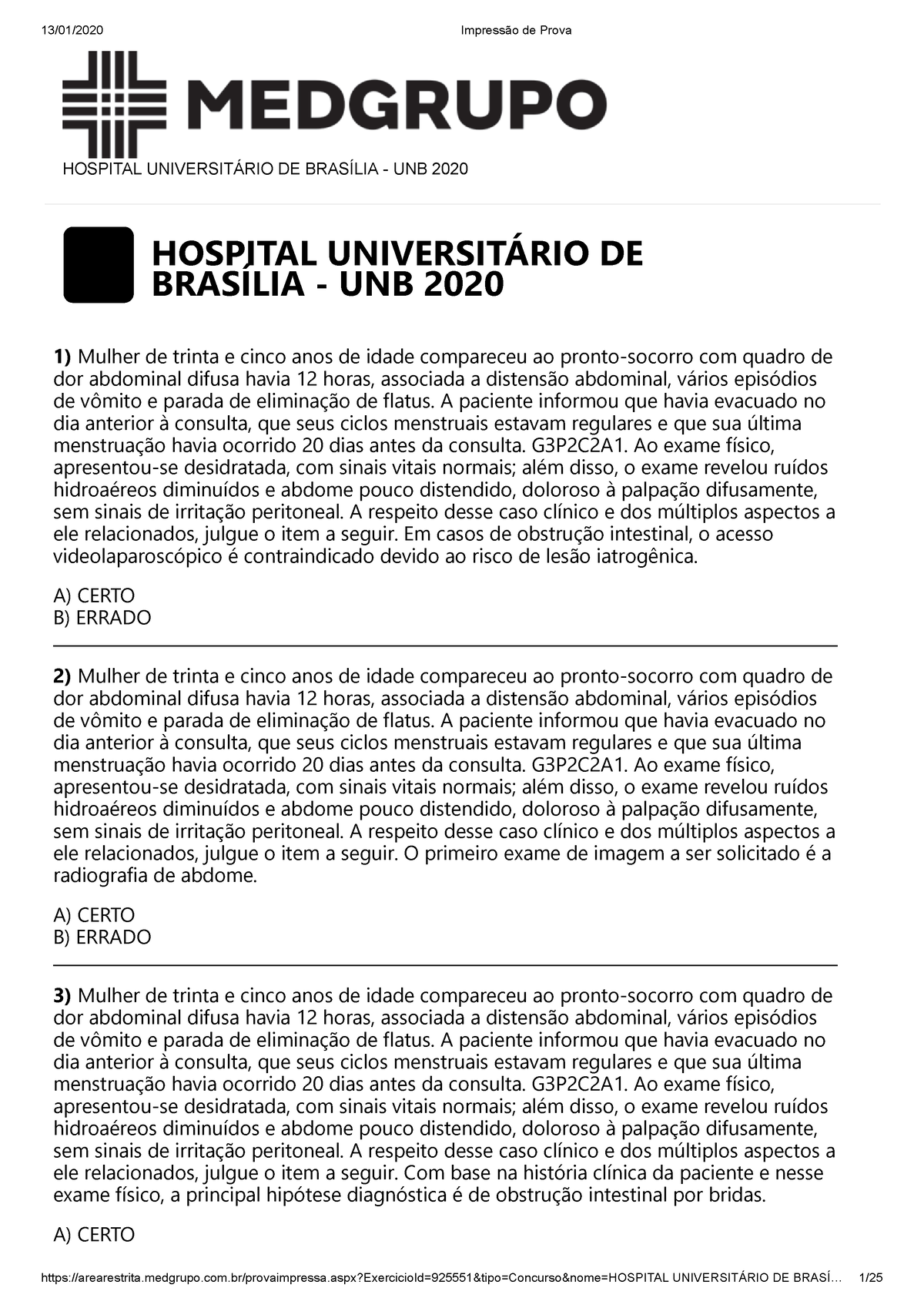 UNB-DF 2020 - Prova Do HOSPITAL UNIVERSITÁRIO DE BRASÍLIA - UNB 2020 ...