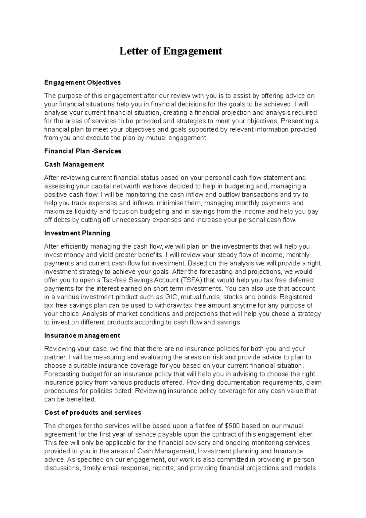 Letter of Engagement - Letter of Engagement Engagement Objectives The ...