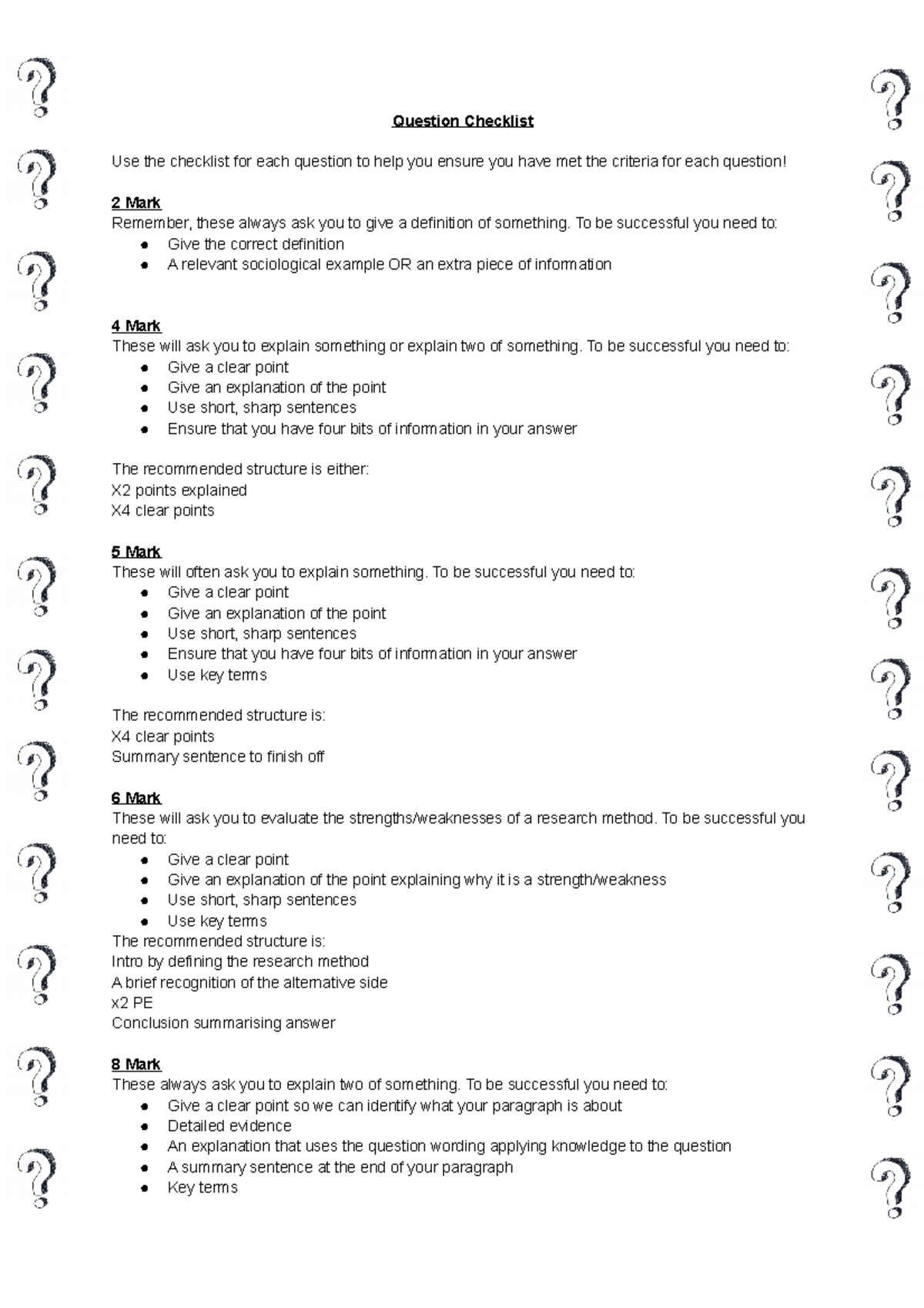 Question Checklist - Question Checklist Use the checklist for each ...