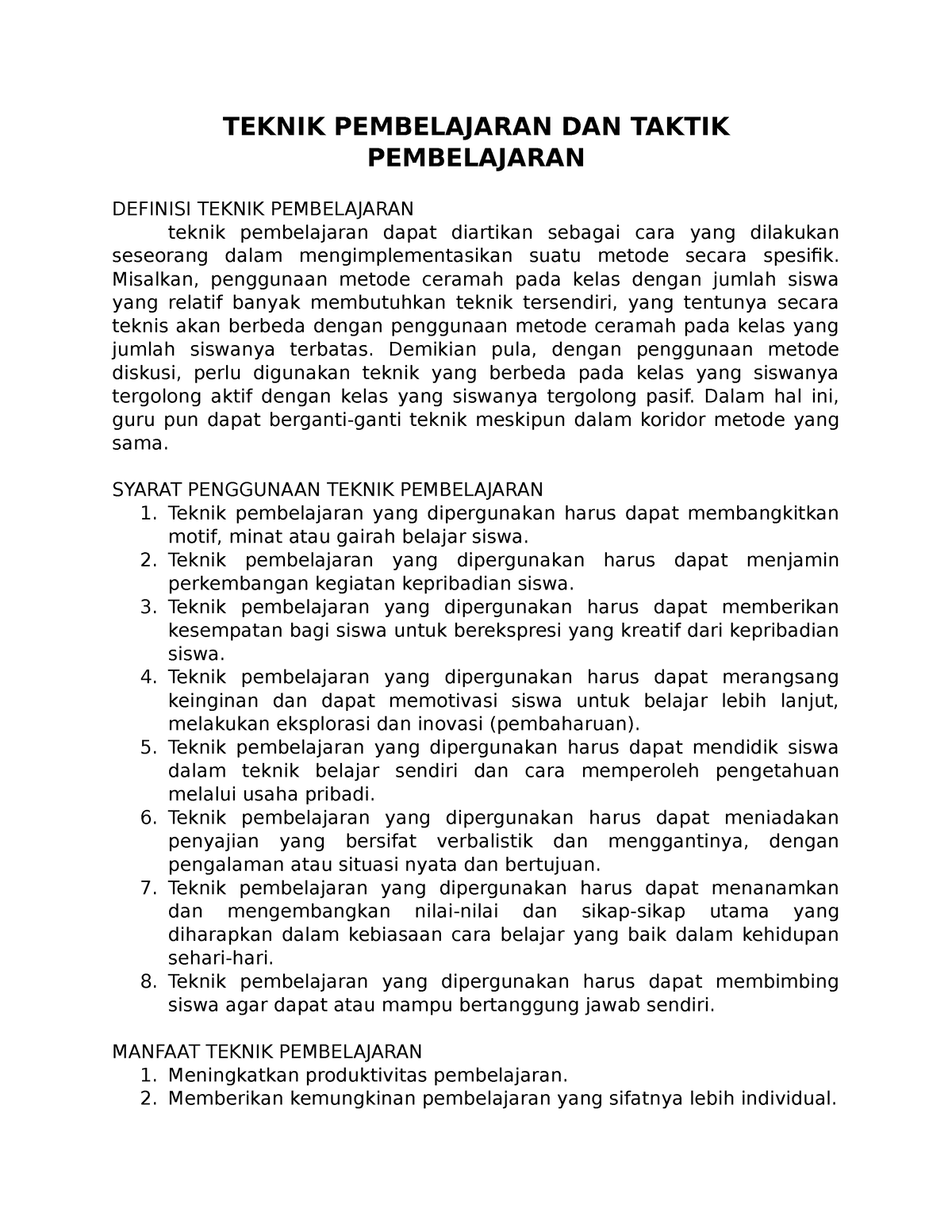 Teknik Pembelajaran Dan Taktik Pembelajaran - TEKNIK PEMBELAJARAN DAN ...