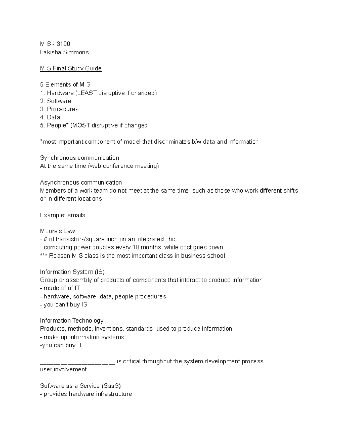 MIS Final Study Guide - MIS - 3100 Lakisha Simmons MIS Final Study ...