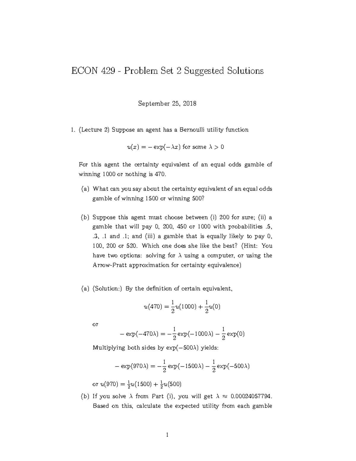 Problem Set 2 Solution - Esercizi - ECON 429 - Problem Set 2 Suggested ...