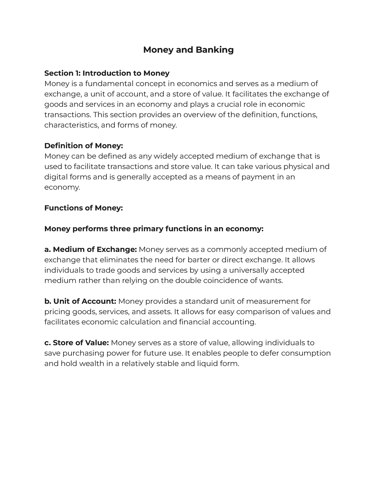 Money and Banking Money and Banking Section 1 Introduction to Money