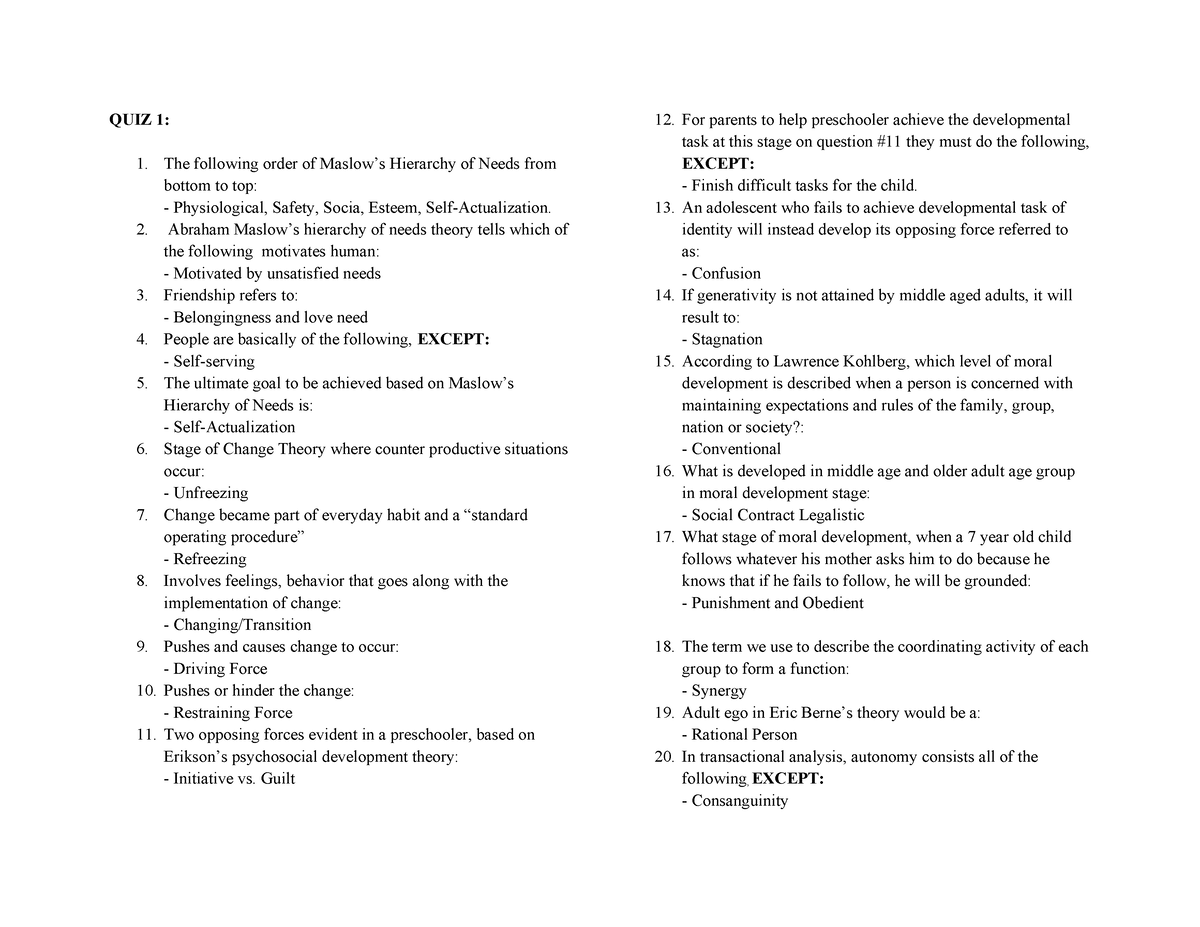 TFN QUIZ 1 4 Finals - Xzczx - QUIZ 1: The Following Order Of Maslow’s ...