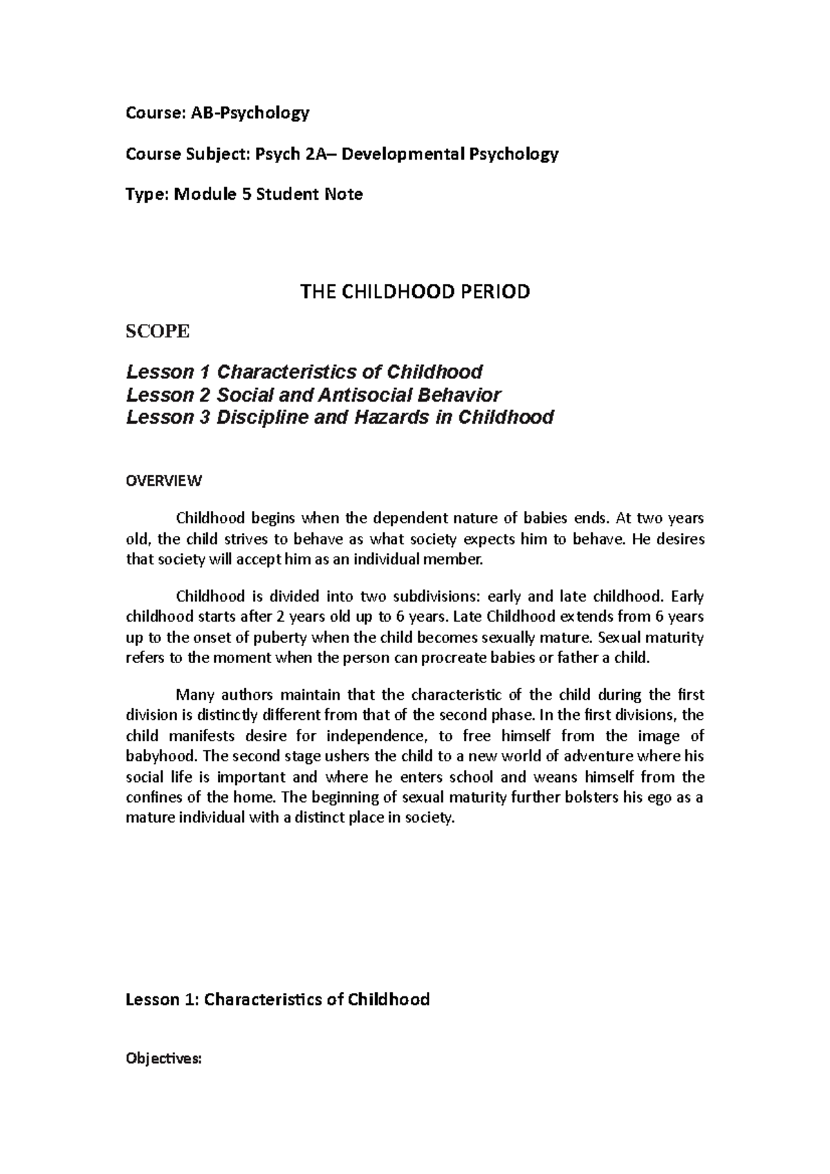 Psychology 2A Module 5 The Childhood Period Course ABPsychology