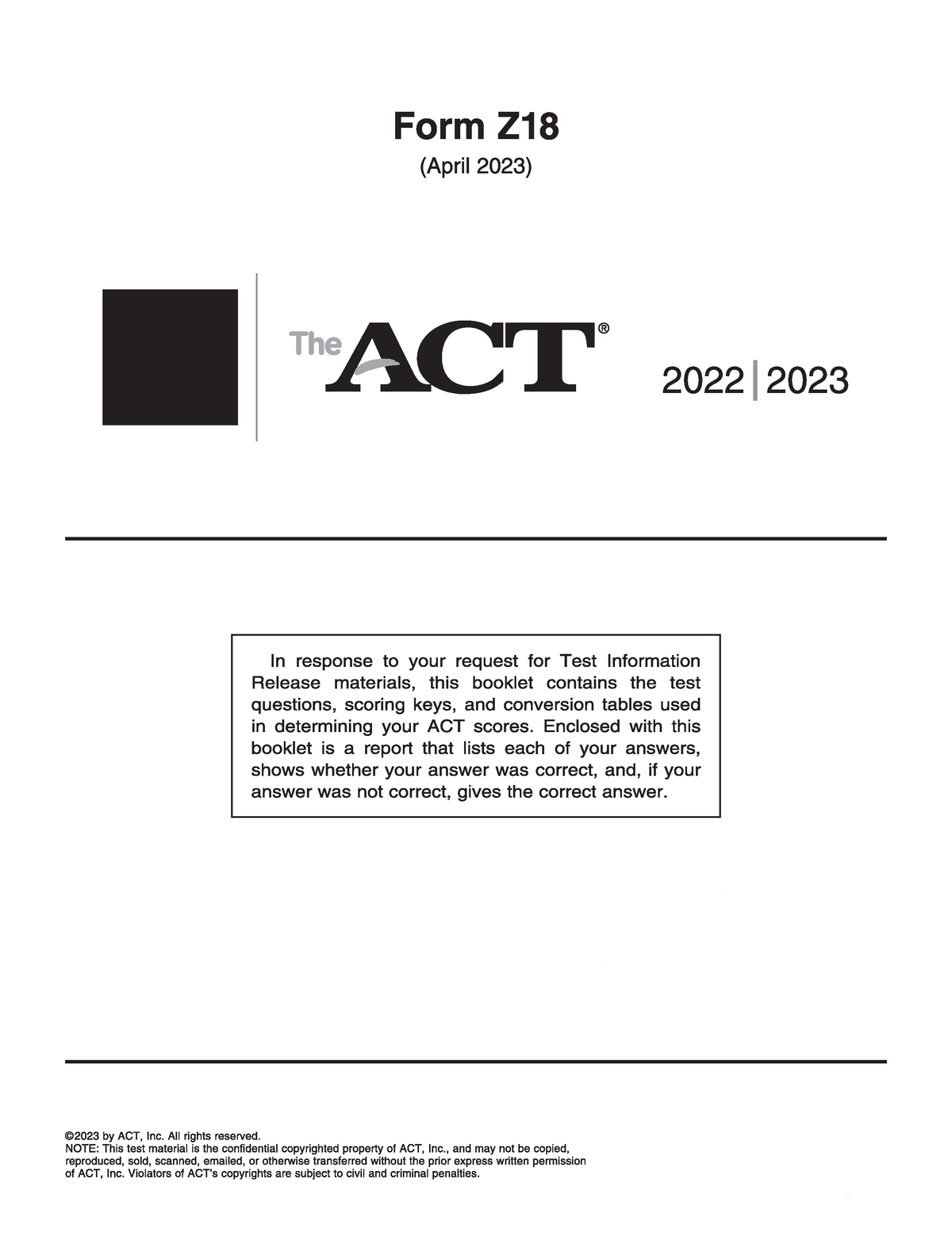 ACT April 2023 Form Z18 - Test - ENS 207 - Actexam Crackab Crackab ...