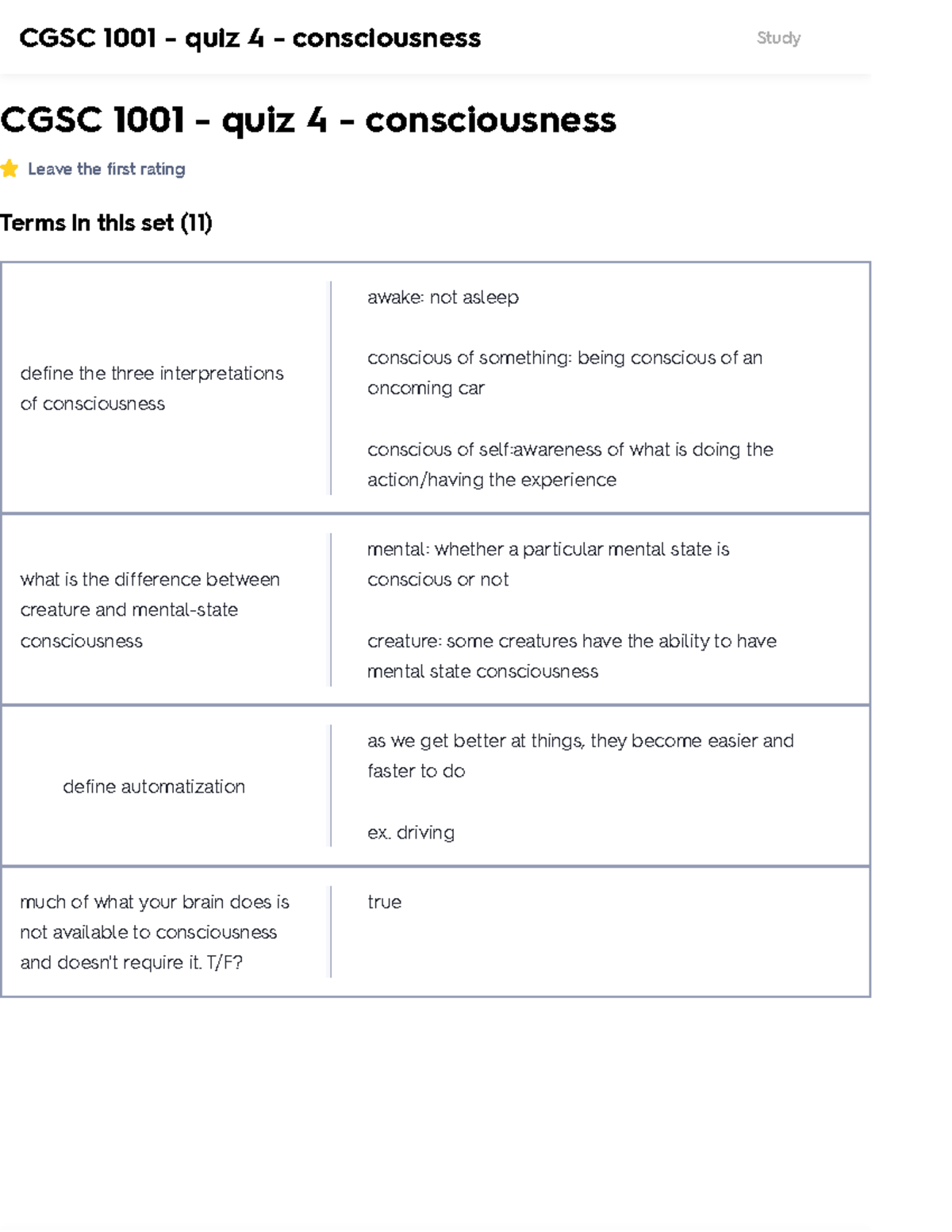 CGSC 1001 - Quiz 4 Notes - Consciousness Flashcards - CGSC 1001 - Quiz ...