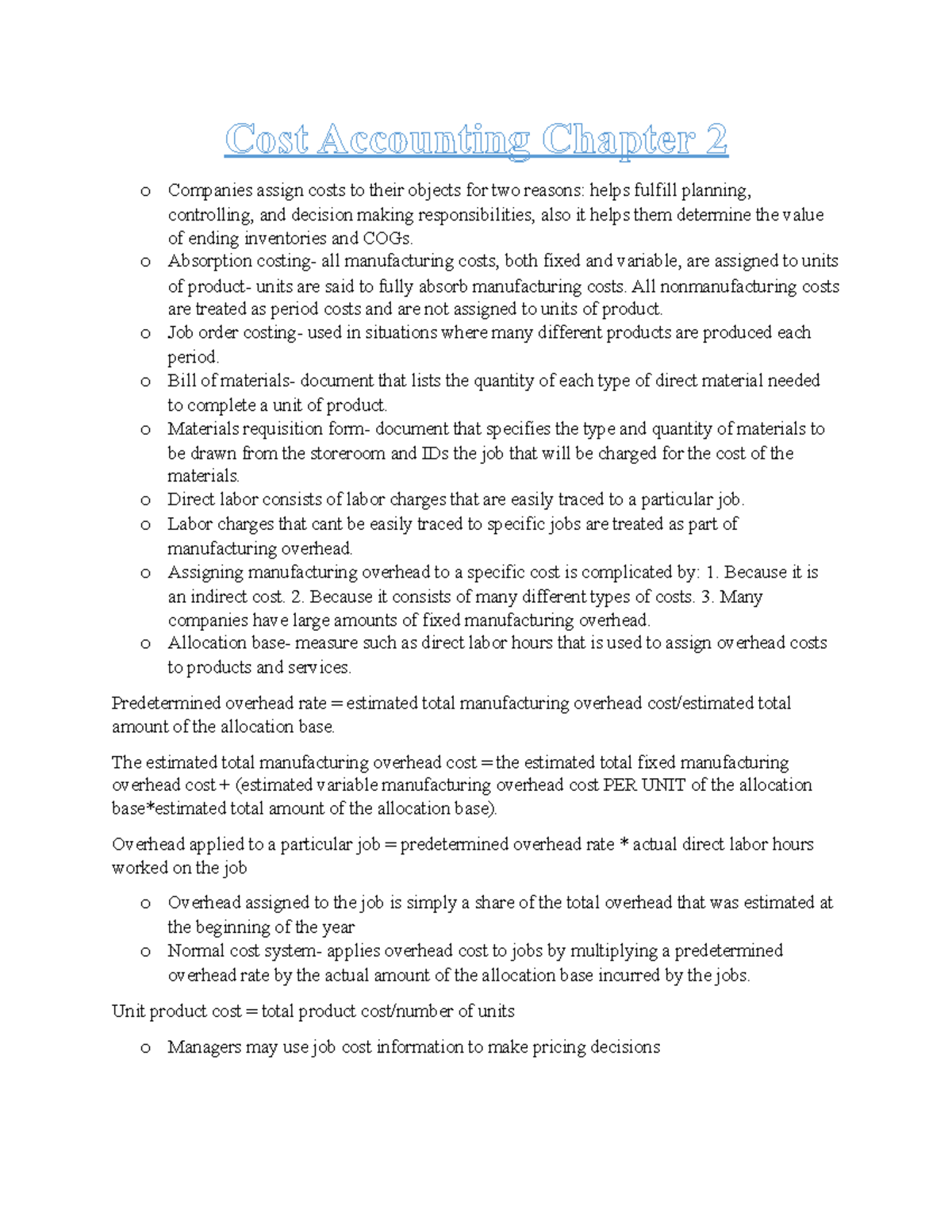 Cost acc chapter 2 notes Cost Accounting Chapter 2 o Companies assign