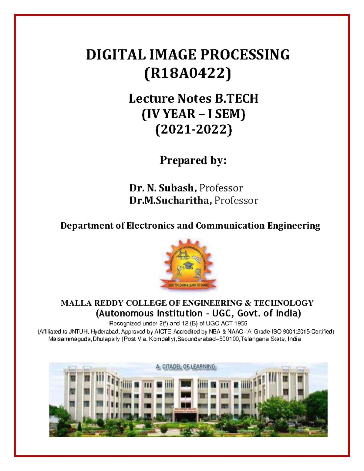 Book DIGITAL IMAGE PROCESSING (R18A0422) Lecture Notes B (IV YEAR I