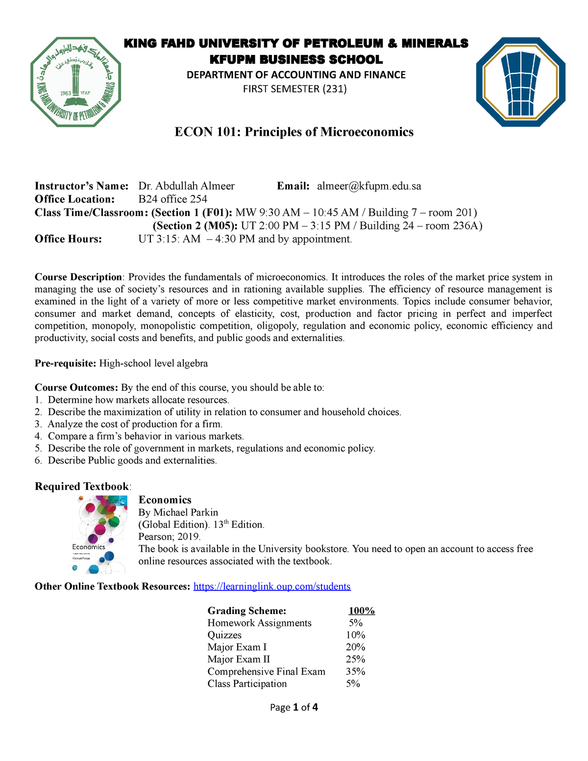 Econ 101 231 Syllabus - KING FAHD UNIVERSITY OF PETROLEUM & MINERALS ...