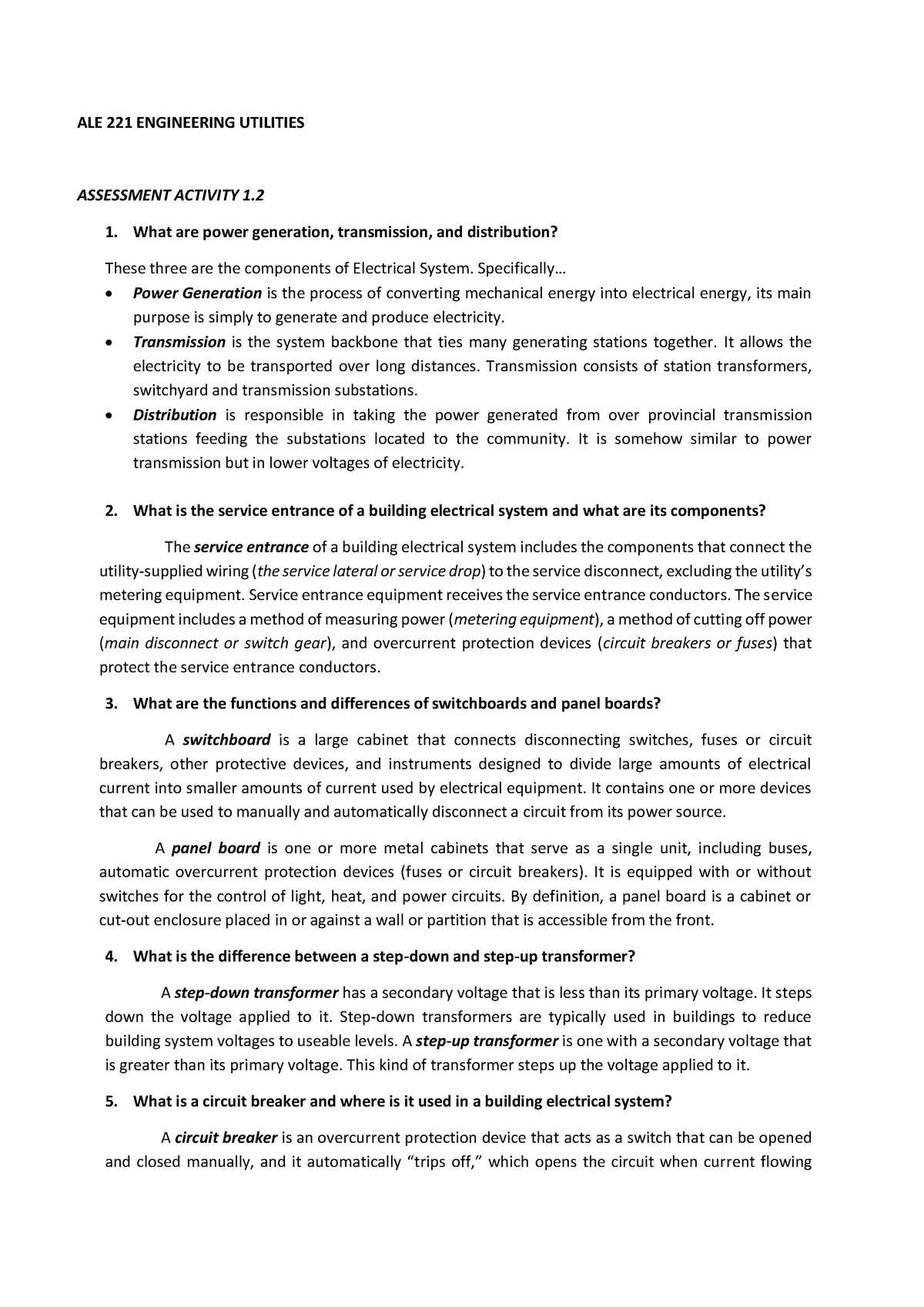 ALE221 Activity 1.2 - ALE 221 ENGINEERING UTILITIES ASSESSMENT ACTIVITY ...