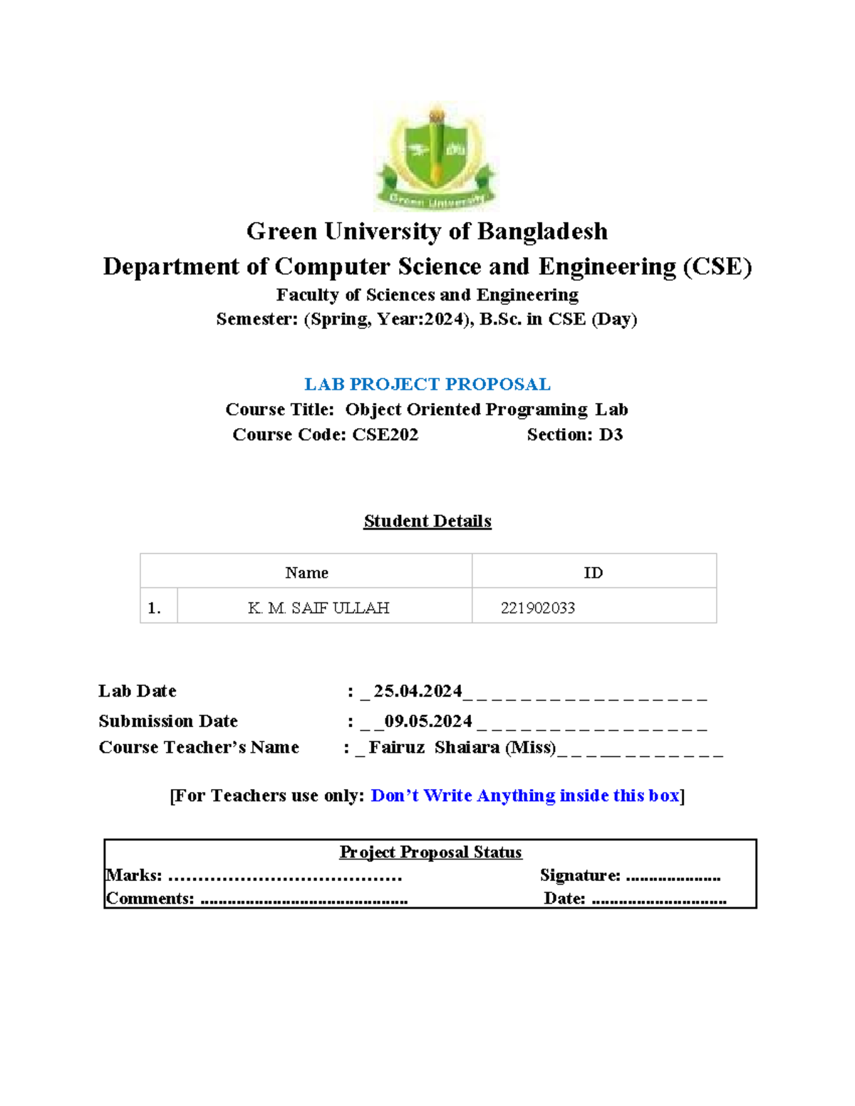 Lab Project Proposal OOP for snake game - Green University of ...