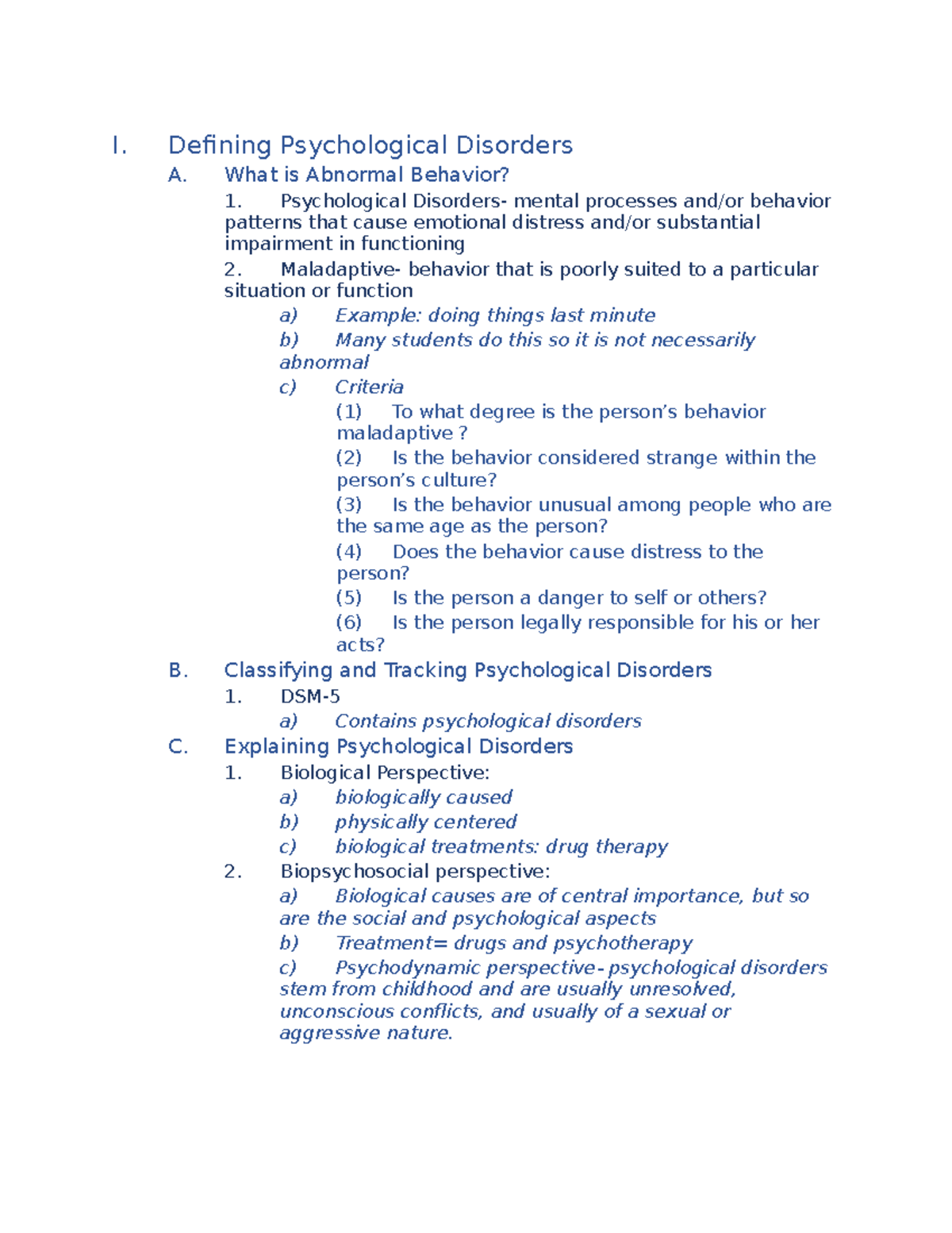 Castellanos Notes Chp 1213 - I. Defining Psychological Disorders A ...