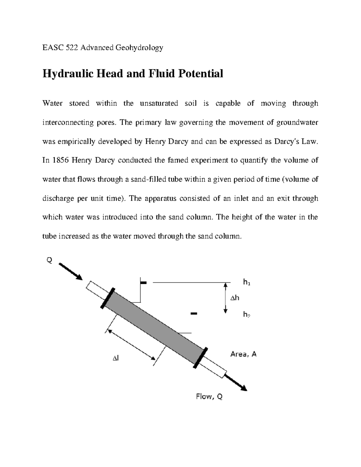 Hydraulic Head and Fluid Potential EASC 522 Advanced Geohydrology Hydraulic Head and Fluid