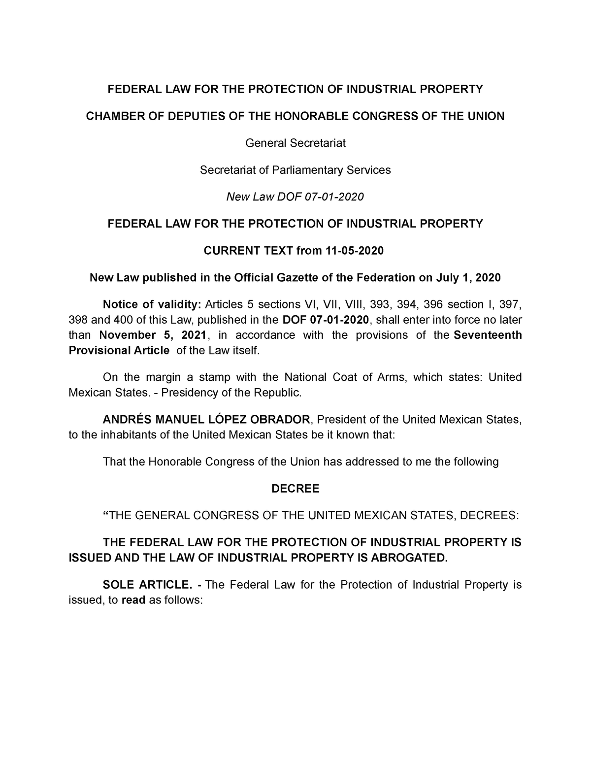 Federal LAW FOR THE Protection OF Industrial Property FEDERAL LAW FOR