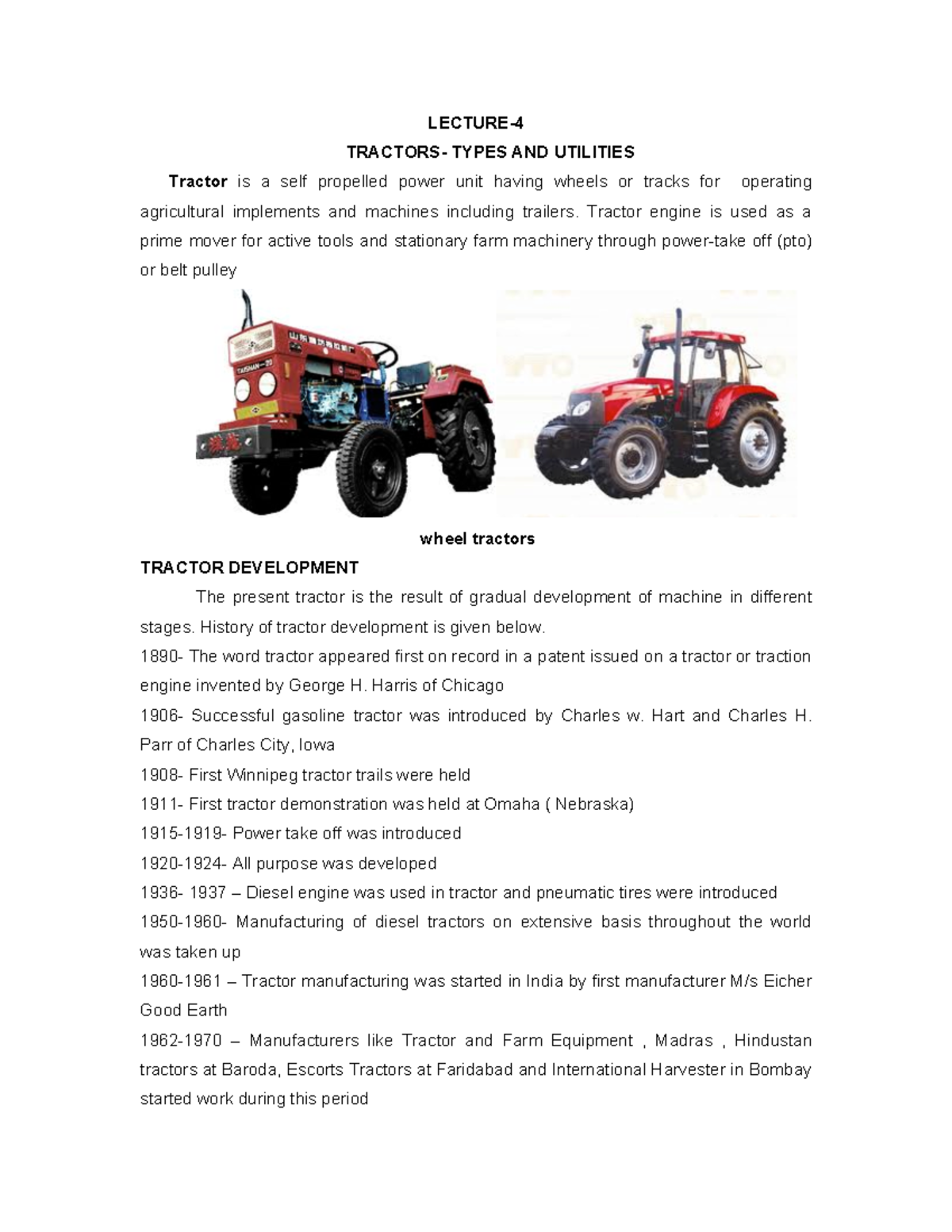 Tractors Types And Utilities LECTURE TRACTORS TYPES AND UTILITIES